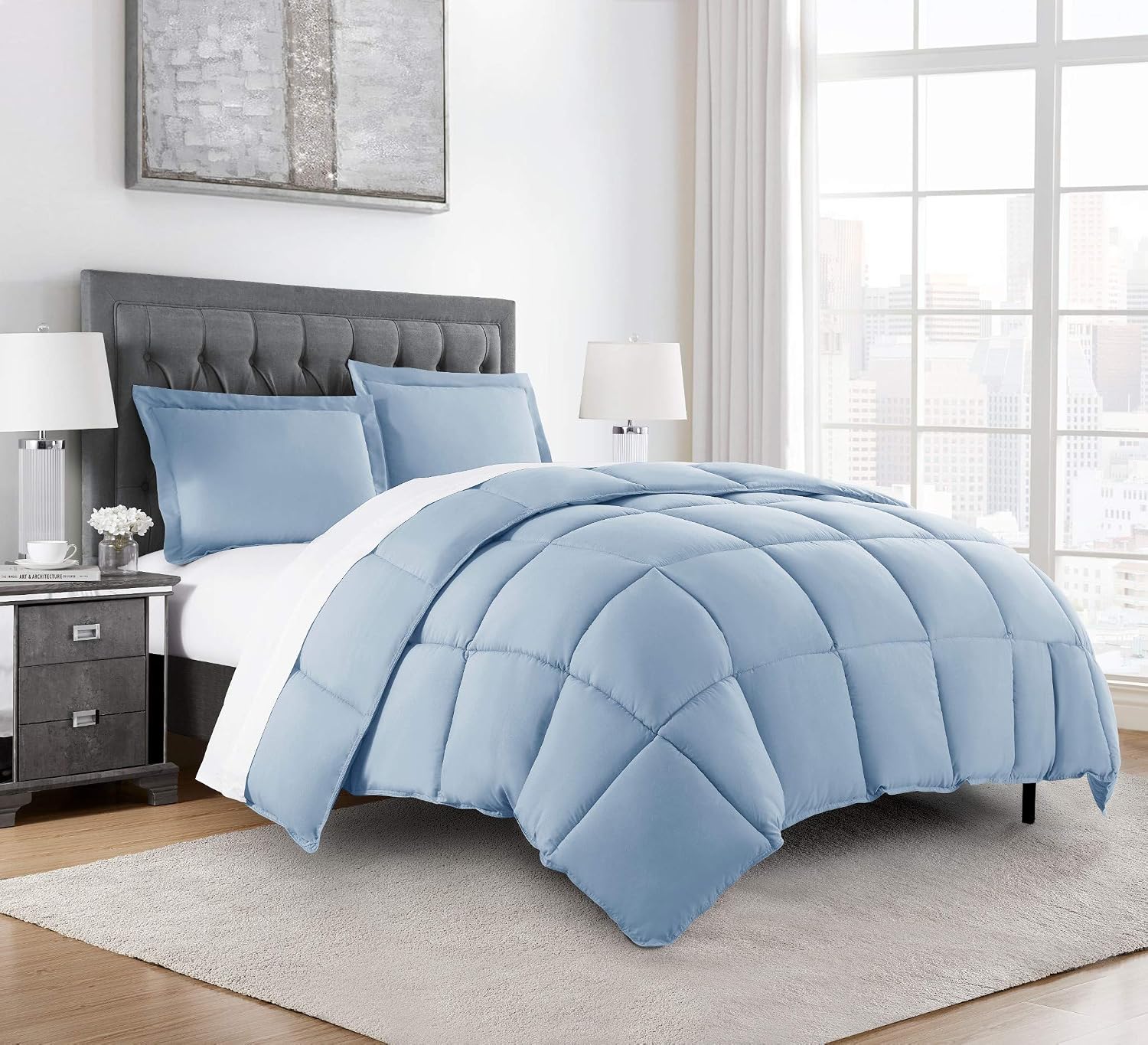 Chezmoi Collection 3-Piece All Season Oversized Queen Comforter Set Chambray Blue, Soft Quilted Down Alernative Duvet Insert with Corner Tabs, Lightweight Microfiber Bedding, 92 x 96 Inches image 2