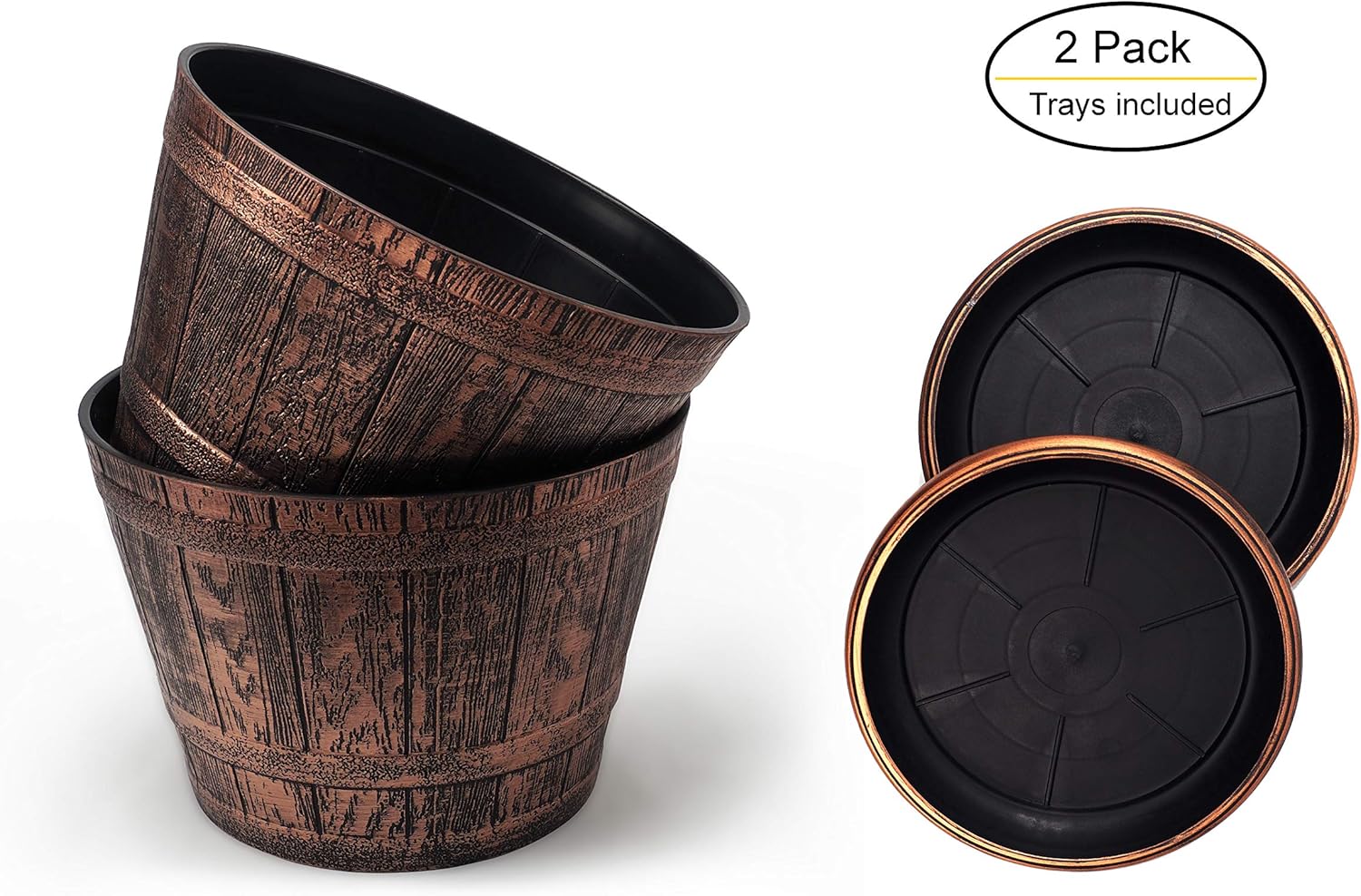 Large Whiskey Barrels Set of 2 Rustic Look (2 planters + 2 Matching Saucers) French Country Style Flowerpot Indoor Outdoor Garden Patio Office Home Decor Use Reusable Light Weight (Copper)
