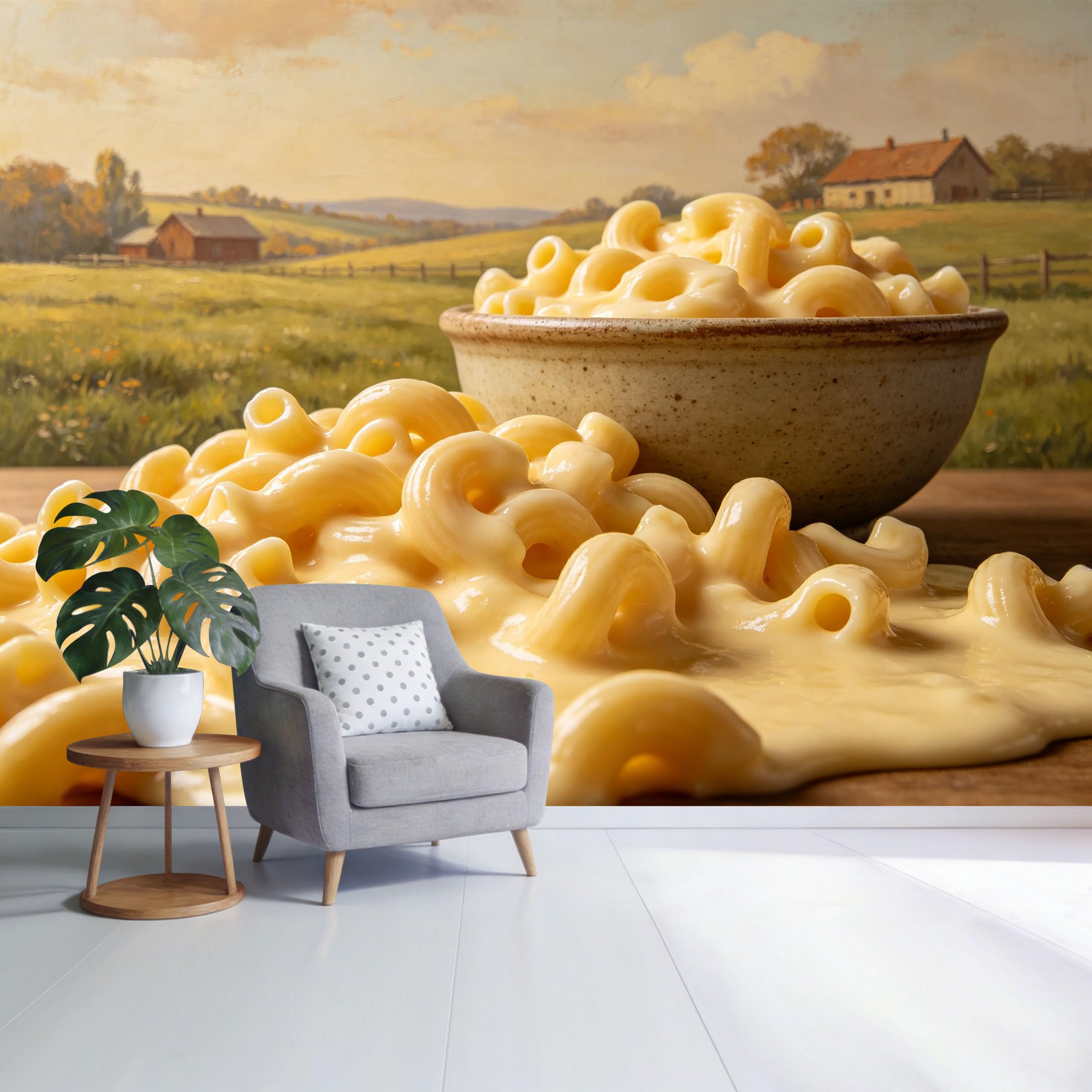 Custom Size Wall Mural Rustic Farmhouse Landscape with Creamy Macaroni Bowl Country Kitchen Scene SelfAdhesive Wall Fabric Removable Wallpaper for Home Office Decor