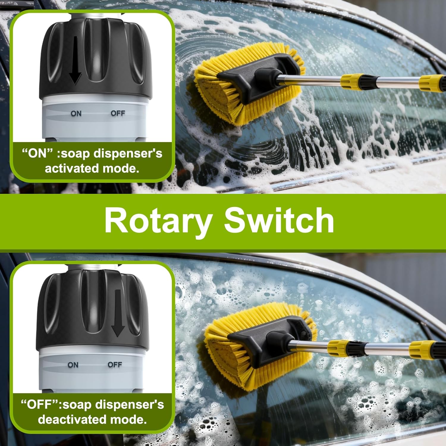 12FT Car Wash Brush with Long Handle, Telescopic Car Wash Brush with Soap Dispenser, 12-Inch Soft Bristle Car Cleaning Brush for Cleaning Car, RV, Truck, Boat, Solar Panels, Yellow
