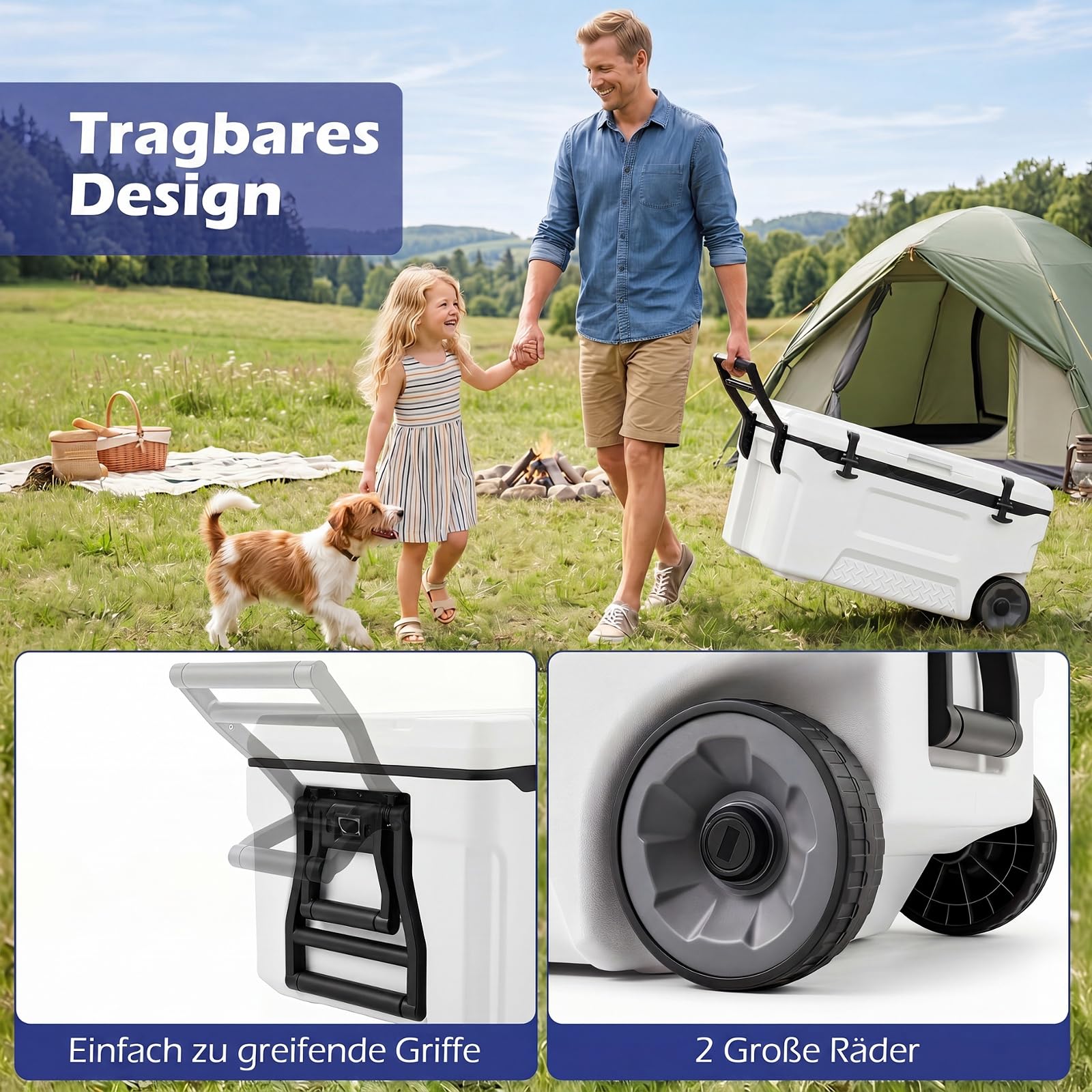 COSTWAY Kühlbox, Große Thermobox aus Kunststoff mit Rollen & Griff, Isolierbox mit Ablaufstopfen, Getränkehalter & Sicherheitsverschluss, tragbarer Kühlschrank für Camping & Picknick