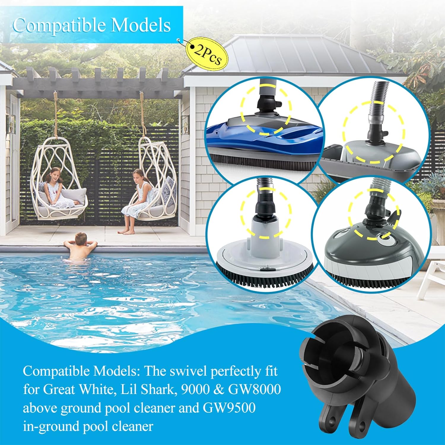 2 Pcs GW9012 Pool Cleaner Swivel Kit Assembly Compatible with Great White, Lil Shark, 9000 & GW8000 Above Ground Pool Cleaner and GW9500 In-Ground Pool Cleaner, Automatic Pool Cleaner Replacement Part
