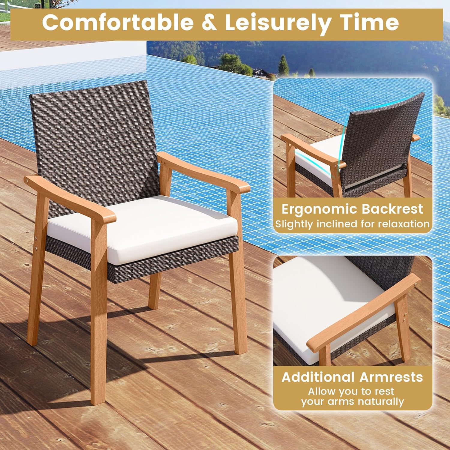 Tangkula Wicker Patio Dining Chair Set of 2, PE Rattan Outdoor Dinner Chairs with Removable Cushion, Acacia Wood Armrests & Legs, Outside Chairs for Backyard, Poolside, Porch, Yard, Balcony