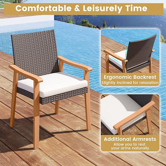 Tangkula Wicker Patio Dining Chair Set of 2, PE Rattan Outdoor Dinner Chairs with Removable Cushion, Acacia Wood Armrests & Legs, Outside Chairs for Backyard, Poolside, Porch, Yard, Balcony