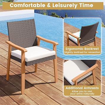 Tangkula Wicker Patio Dining Chair Set of 2, PE Rattan Outdoor Dinner Chairs with Removable Cushion, Acacia Wood Armrests & Legs, Outside Chairs for Backyard, Poolside, Porch, Yard, Balcony