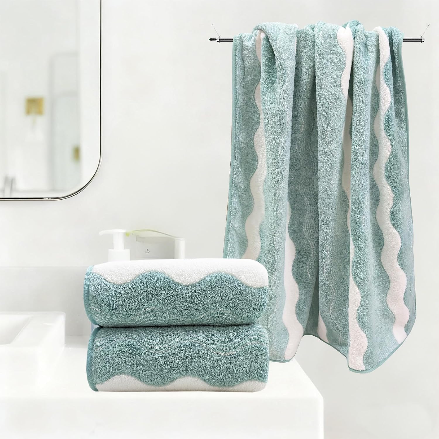 ABREEZE Wave Stripe Pattern Towel Set,Green,3pc Coral Fleece Soft and Fluffy Absorbent Towels for Gym and Bathroom(1 Bath Towel,2 Hand Towel)