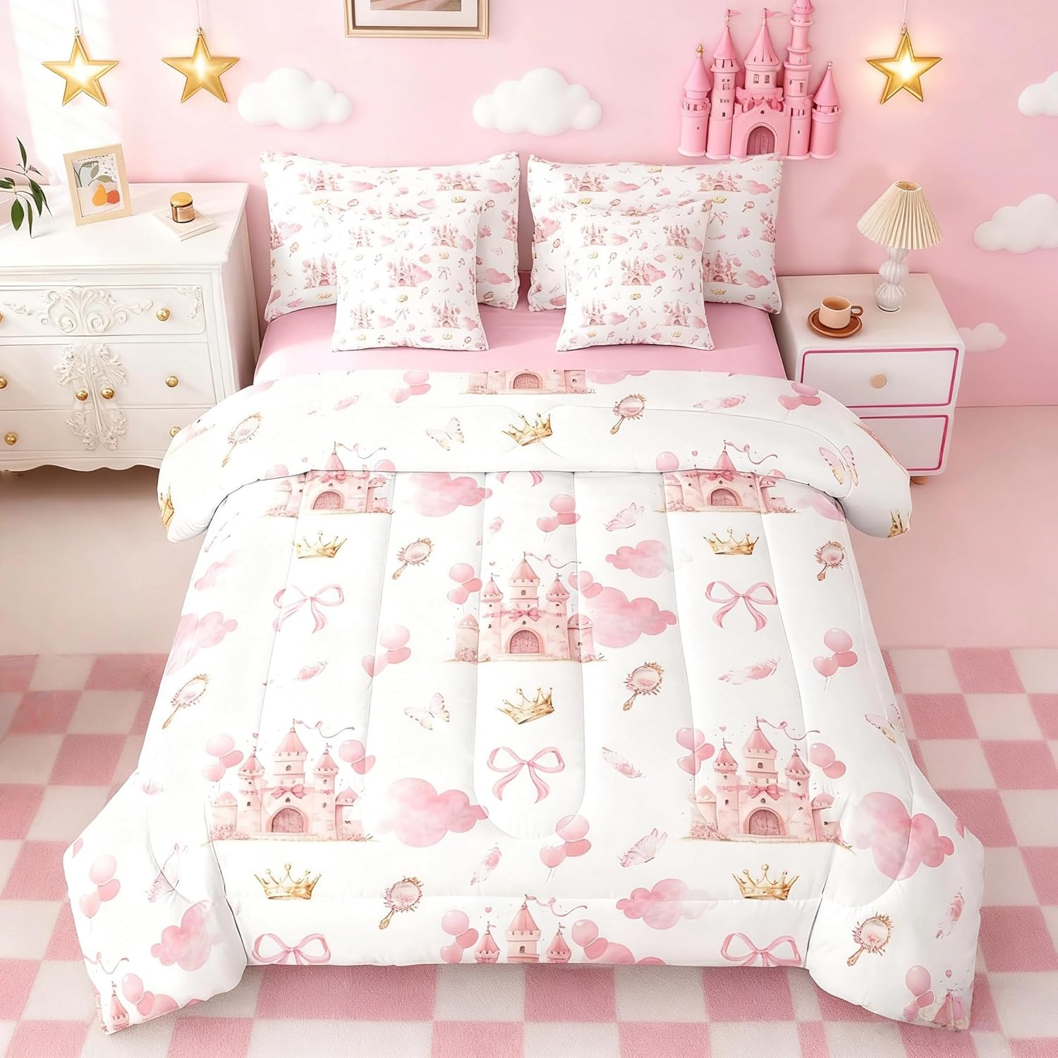 Feelyou Kids Pink Castle Bed in A Bag Twin Size, Cute Bowknot Comforter Set with Sheets Boys Girls Girls Dreamy House Bed in A Bag 7 Pieces Fairytale Teens Bedroom Decor 7Pcs