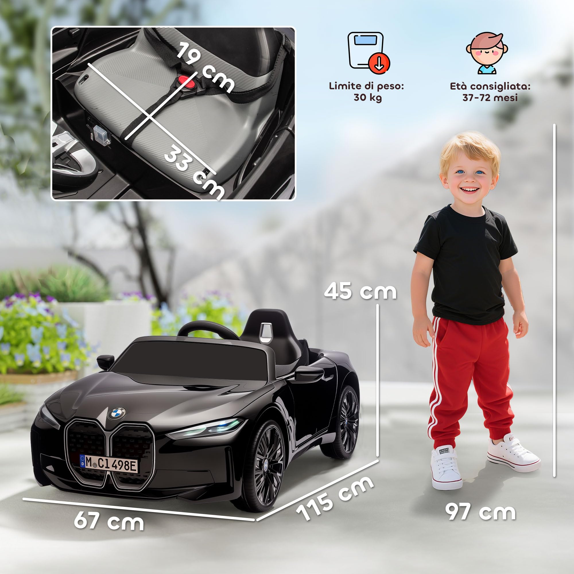 HOMCOM Macchina Elettrica per Bambini 3-6 Anni BMW I4 12V, Nero | Telecomando, Clacson e Fari, Macchinina Giocattolo, PP e Metallo, 115x67x45 cm