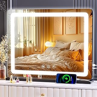 VPARTY, Vanity Mirror with Lights 32 x 23" Large Makeup Mirror with LED Lights, Smart Touch Dimmable 3-Color Light, Memory Function, USB Charging Port, and Magnifying Glass (Black, 80x57cm)