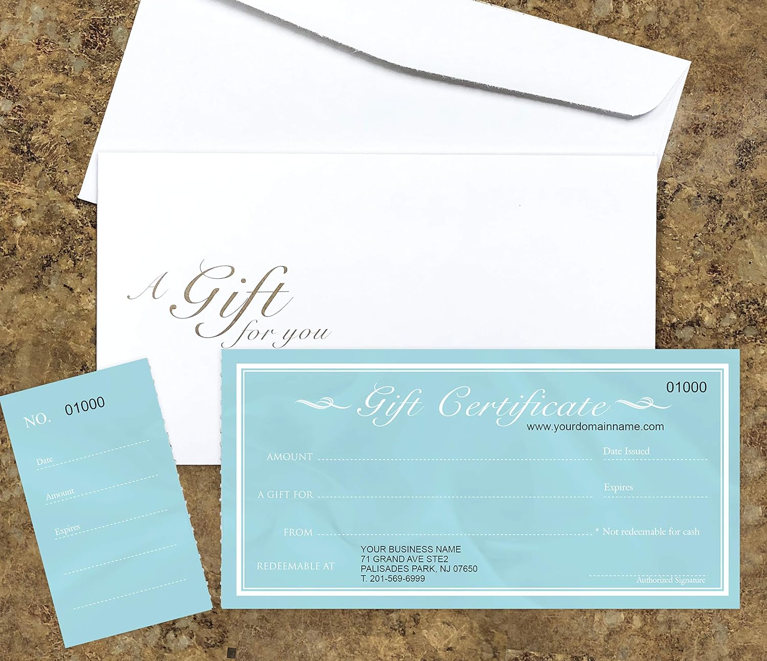 Custom Gift Certificates Cards with Envelopes 100 Set - Modern Teal Image - Gift Certificates for Small Business