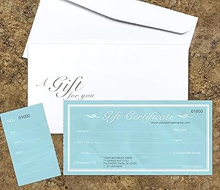 Custom Gift Certificates For Business - Add Your Store Name and Address, Comes with Free matching Envelopes and Sequential Numbering Printing (Modern Teal)