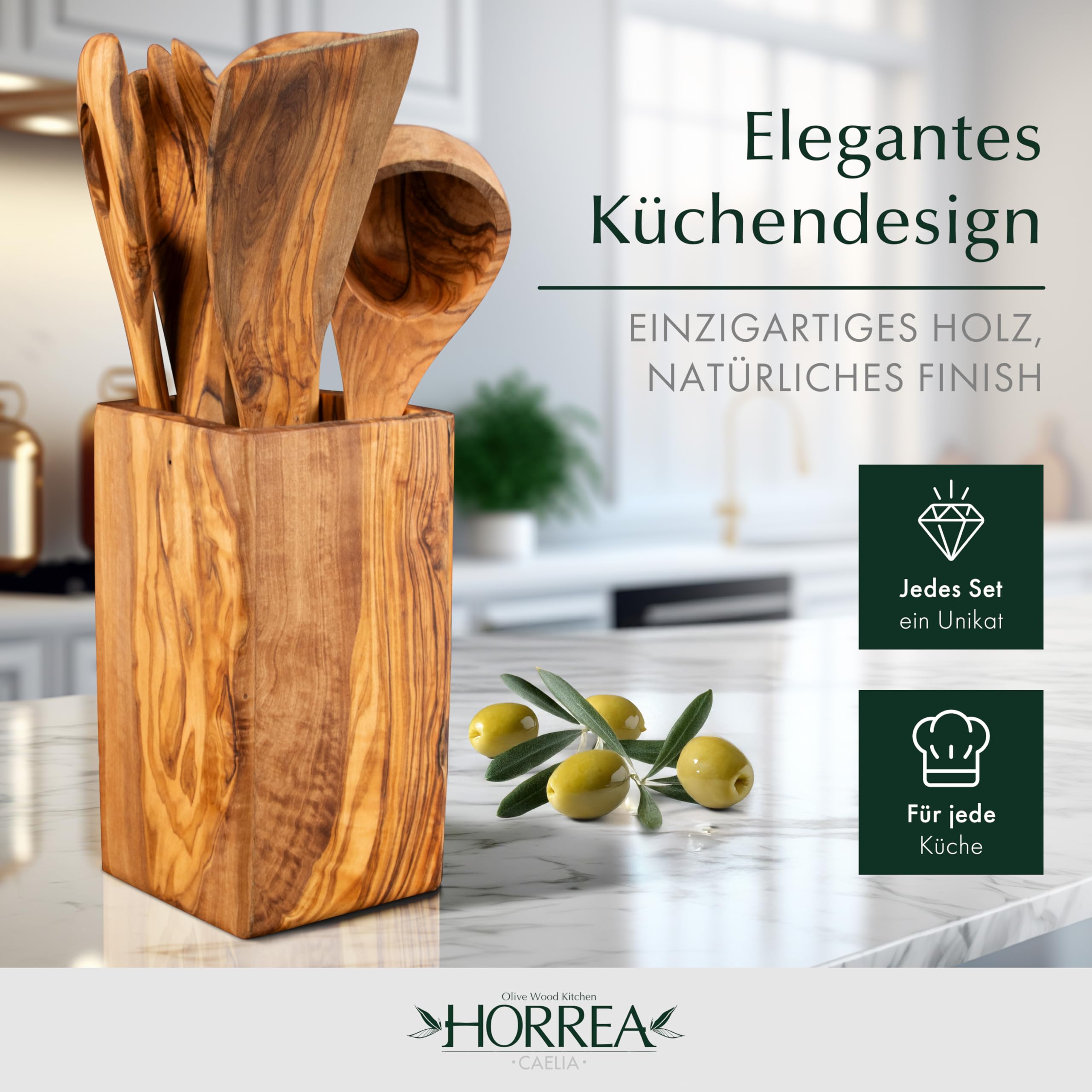 Juego de utensilios de cocina de madera sostenible: juego de cubiertos de madera con espátula, cucharón, cuchara para servir + saco de olivo. Juego de 8 piezas de cocina de alta calidad y sostenible