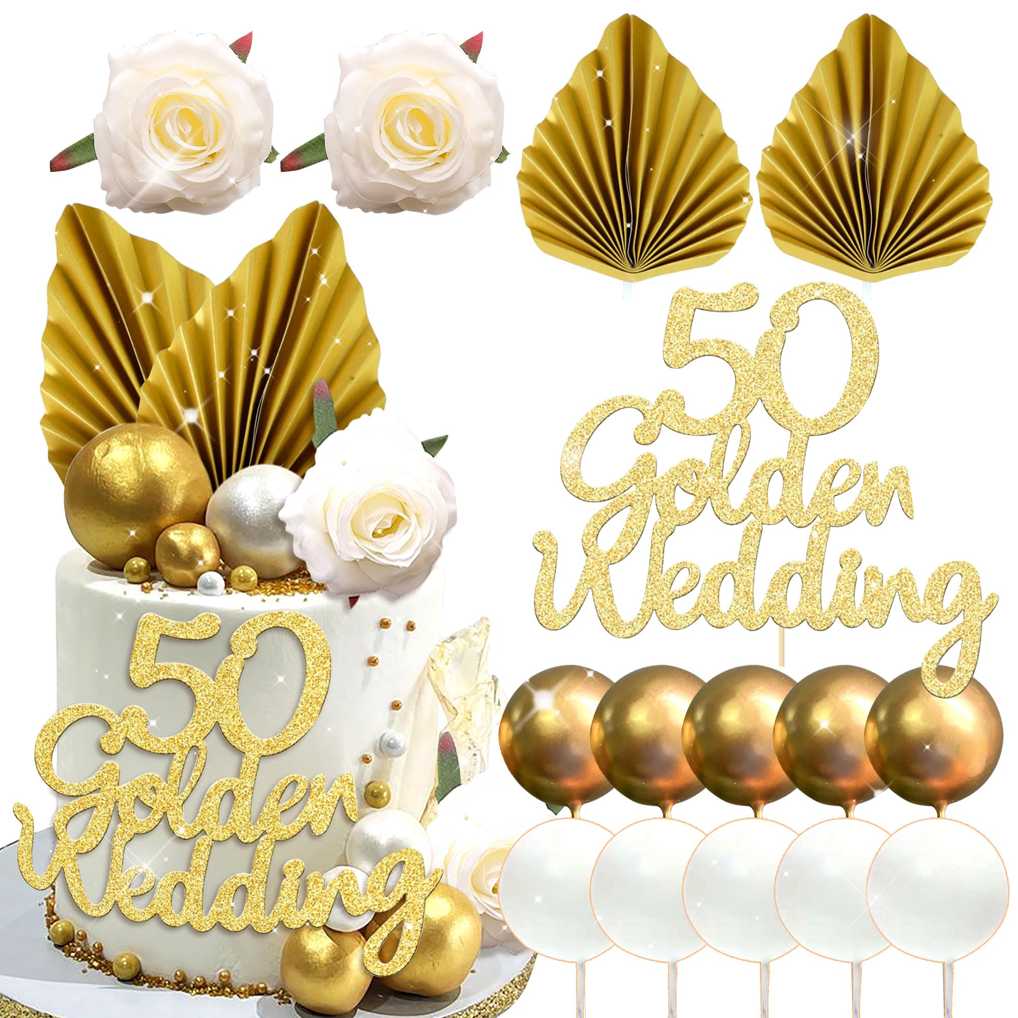 LaVenty decoración para tarta glitter feliz 50 aniversario boda dorados para tarta de 50 años dorados 50 aniversario de boda 50 aniversario decoración para fiestas