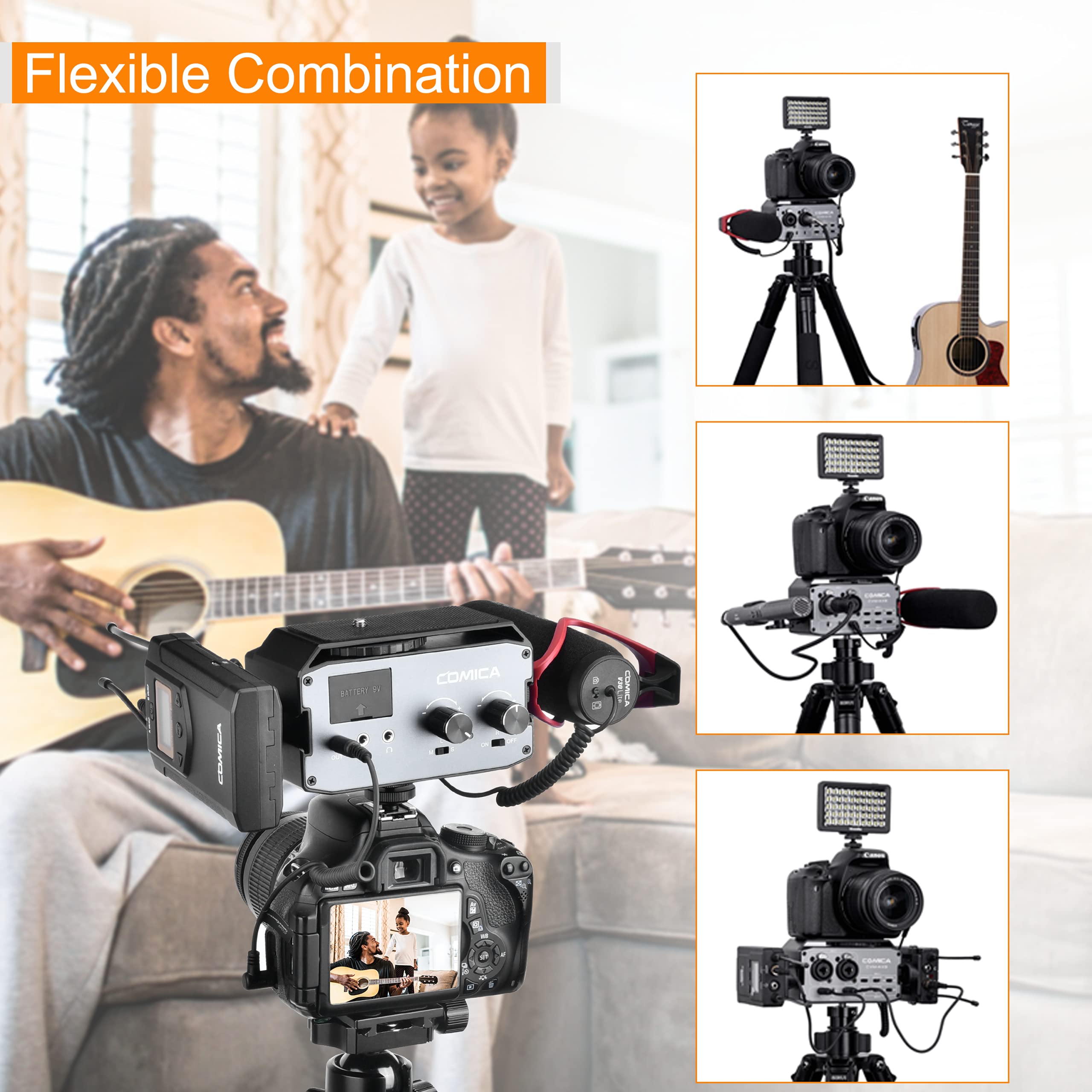 COMICA Mezclador de Audio CVM-AX3 Adaptador de micrófono de cámara de Doble Grupo con Entrada de 3.5 mm/XLR / 6.35 mm, preamplificador para cámara/videocámara Canon Sony DSLR Vlogging de Youtube