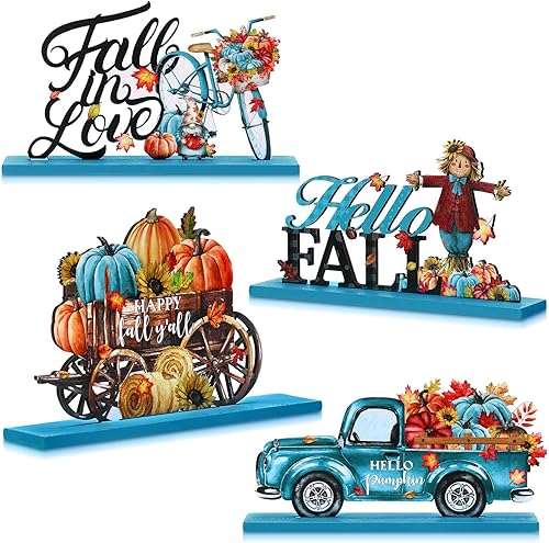 Huwena 4 piezas de decoración de mesa de madera de otoño azul, centros de mesa de cosecha de otoño, gnomo, calabaza, camión, bicicleta, letrero de