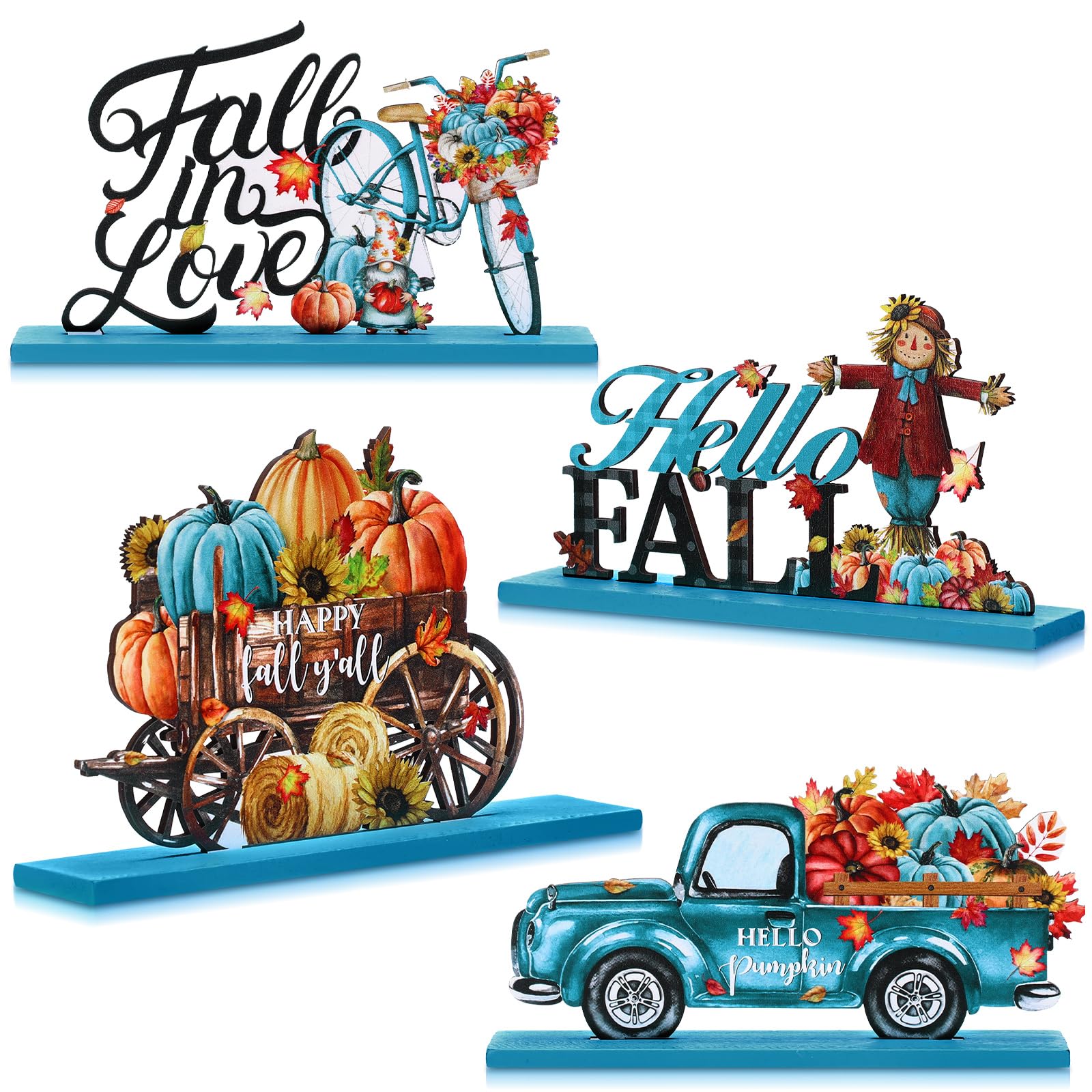 Huwena 4 Pcs Thanksgiving Fall Wooden Table Decorations Blue Autumn Harvest Table Centerpieces Hello Fall Gnome Pumpkin Truck Bicycle Wood Sign for Thanksgiving Party Farmhouse Home Decor