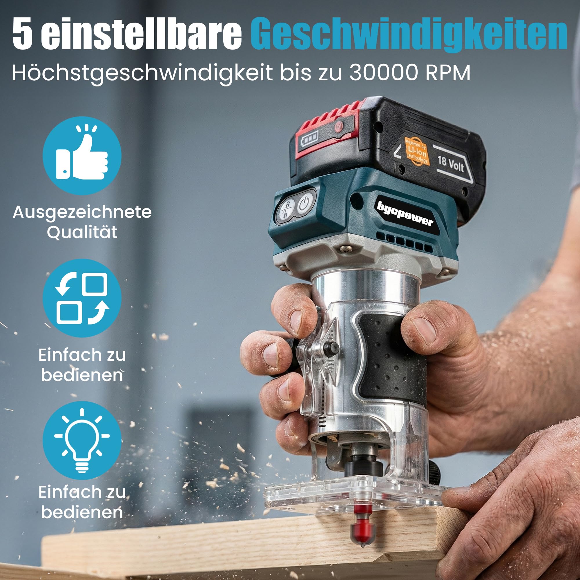 Akku Oberfräse für Bosch 18V Akku, 30000 RPM Bürstenloser Motor, 5-Stufen Kantenfräse, Kabellose Holzfräse mit 6,35mm Durchmesser, mit 15pcs 1/4" Fräser für Holz & Kunststoff (ohne Akku)