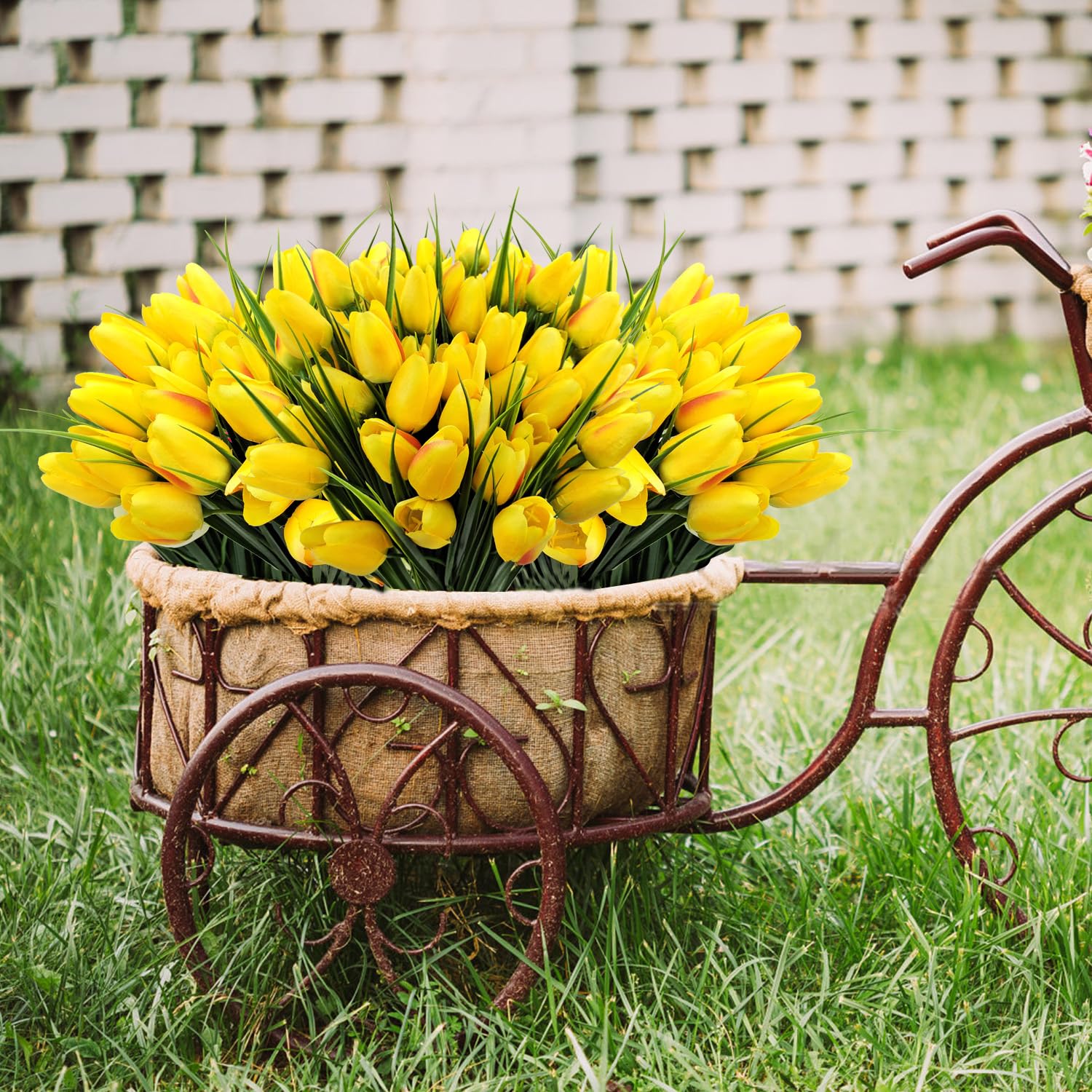 Künstliche Tulpen, UV-beständig, 4 Bündel, 10 Köpfe, Seide, Tulpen, Kunstkunststoff, Grünpflanzen, Blume für Zuhause, Außenbereich, Garten, Veranda, Fenster, Pflanzgefäße, Dekoration (gelb)