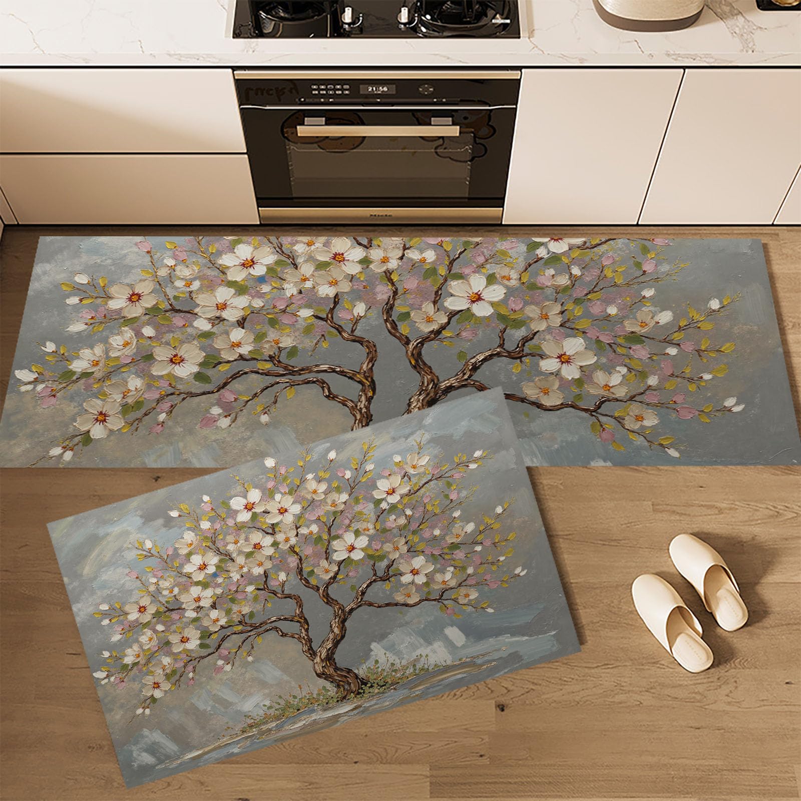 Tapis de cuisine antiderapant lavable beige lot de 2 design vintage