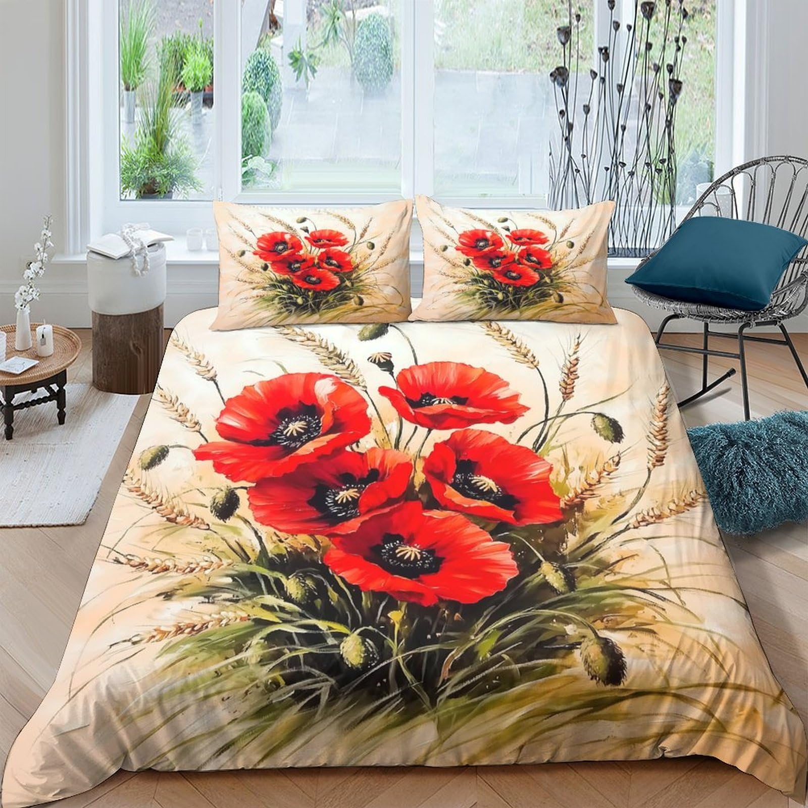 Ctjqhvkz Style-3 3D Printed Red Poppy Fitted Sheet Microfiber Soft Floral Meadow Bed Cover For Bedroom Guest Room Easy Care Decor Single（135X200cm）