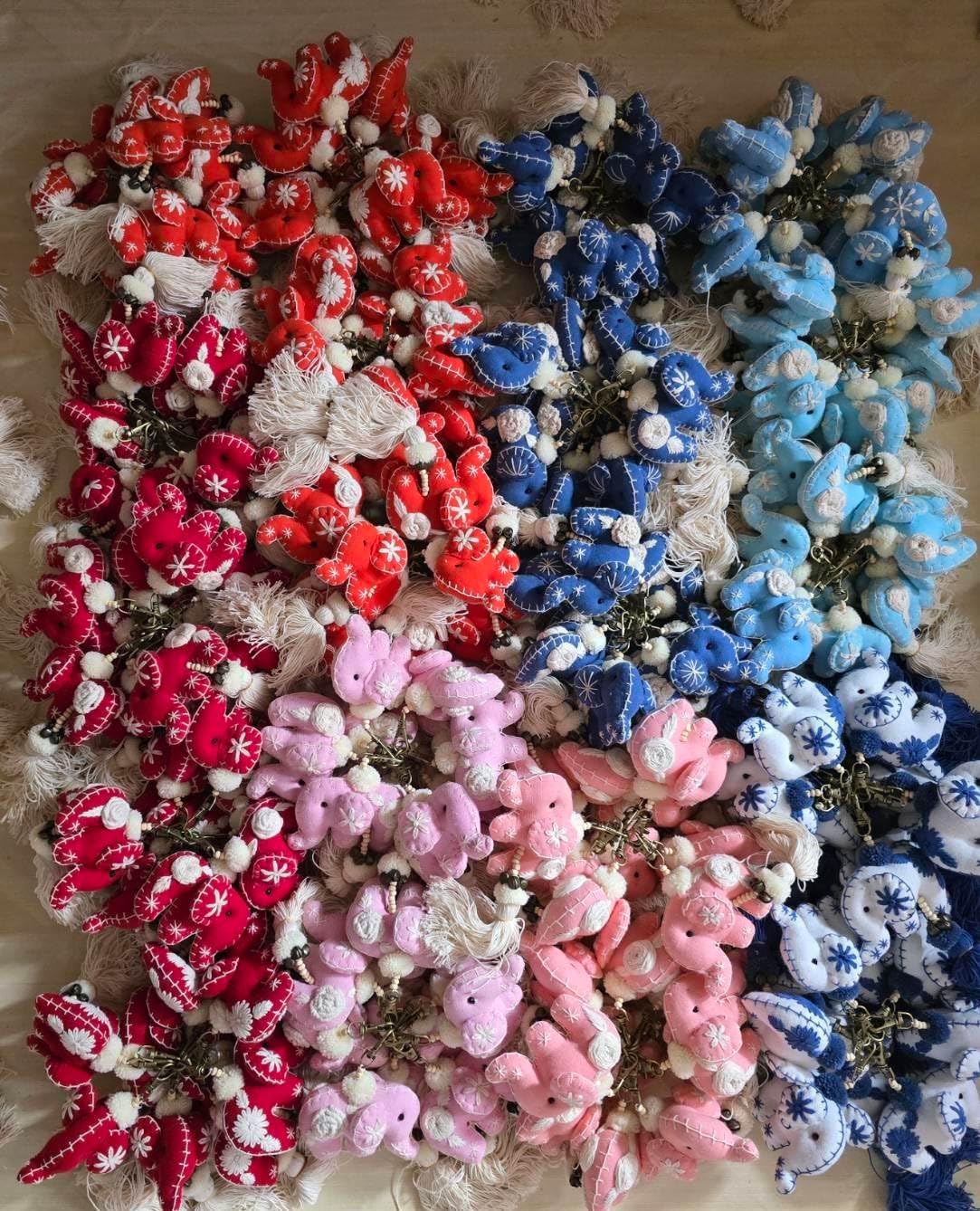 Random Color - 10 Pack, Hand Embroidered Cotton Elephant Keychains, Colorful Thai Fabric Charms with Brass Lobster Clips for Bags, Zippers & Gifts, Made in Thailand