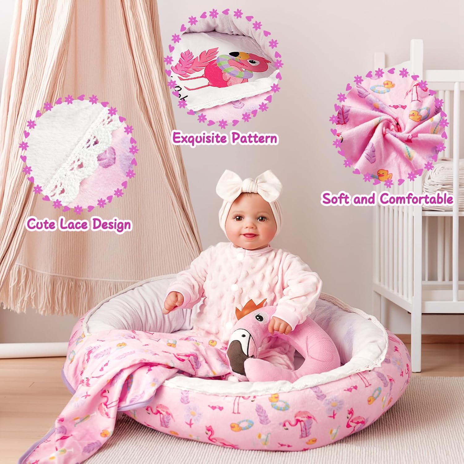 BABESIDE 3 Pcs Reborn Babys Doll Accessories Doll Bassinet Set for 17-22 Inch Baby Dolls, Baby Dolls Bed for 17-22 Inch Realistic Dolls
