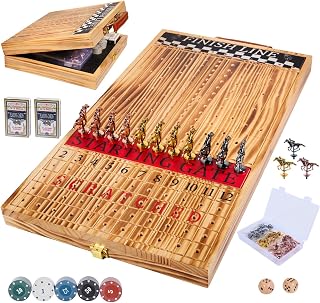 Jyquorp Foldable Horse Race Board Game (21 inches) for 2-11 Players | Solid Wood Foldable Racing Board with 11 Metal Horses, 2 Dice and 2 Boxes of Cards, Portable Travel Game for Party Gifts