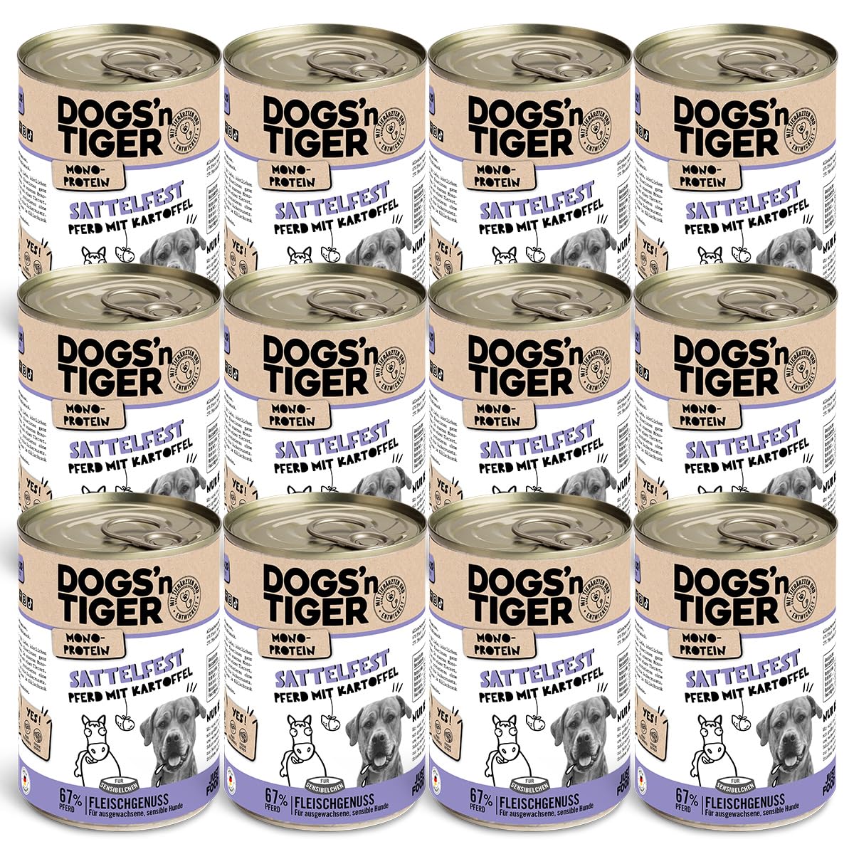 Dogs'n Tiger Monoprotein, Saddle Resistant, Adult Premium Wet Dog Food with Horse Meat and Potatoes, Hypoallergenic, No Grains, Added Sugar, with Optimal Compatibility, 12 x 400 g