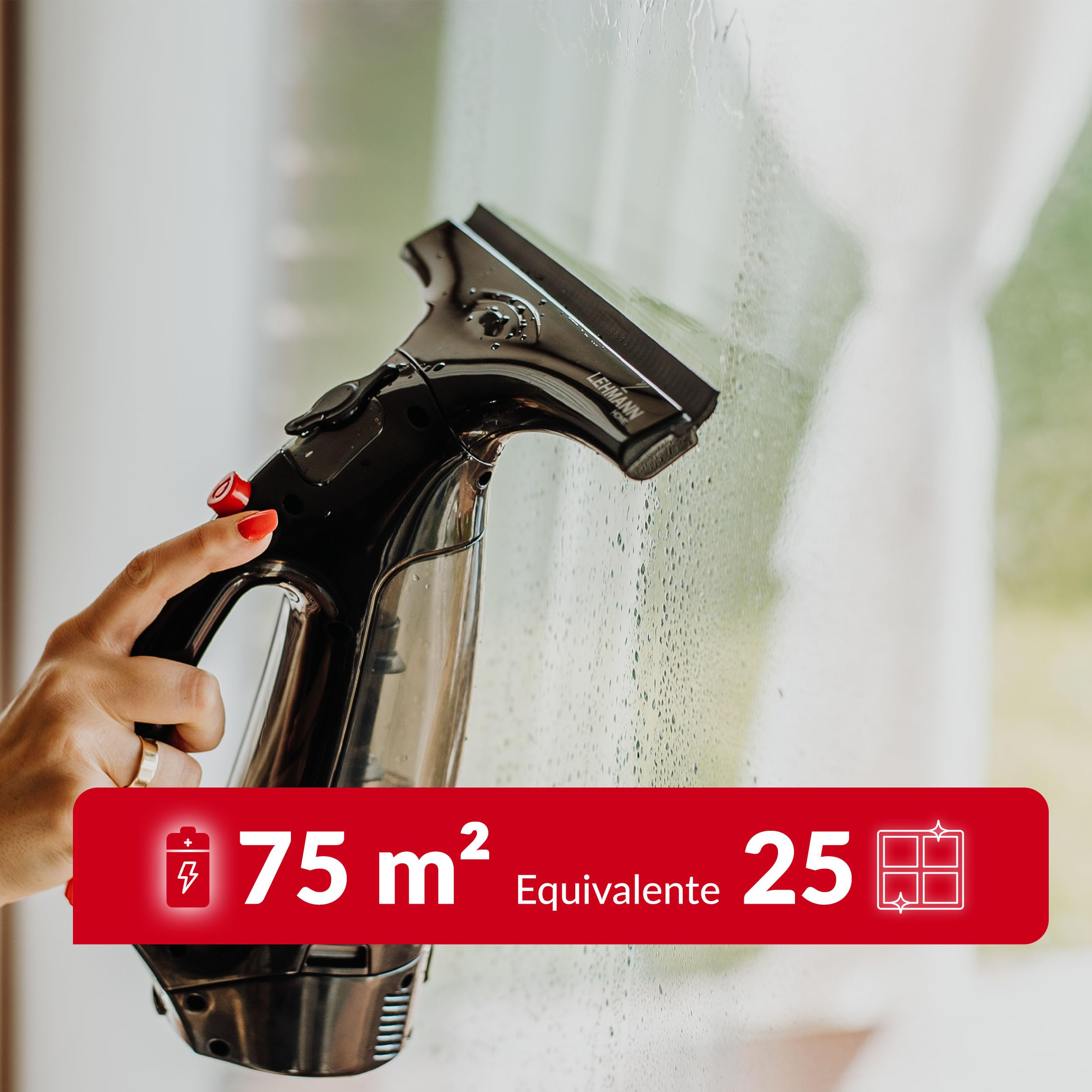 LEHMANN Lavavetri Elettrico con Gomma Extra Sostituibile, Aspiragocce a Batteria 25 cm, Pulisci Vetri con Spray Integrato, Lancia Telescopica & Panno in Microfibra