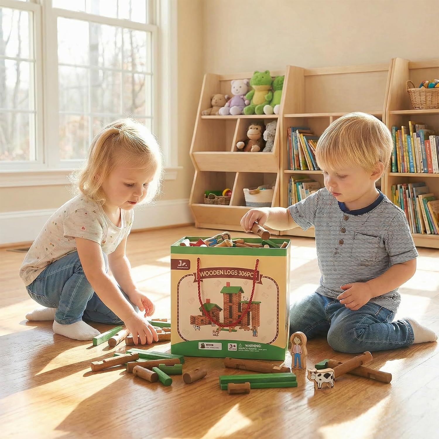 SainSmart Jr. 306 PCS Wooden Log Cabin Set with Storage Box Building House Toy for Toddlers, Classical STEM Construction Kit Compatible with Lincoln Logs, Ideal Gift for 3+ Boys & Girls