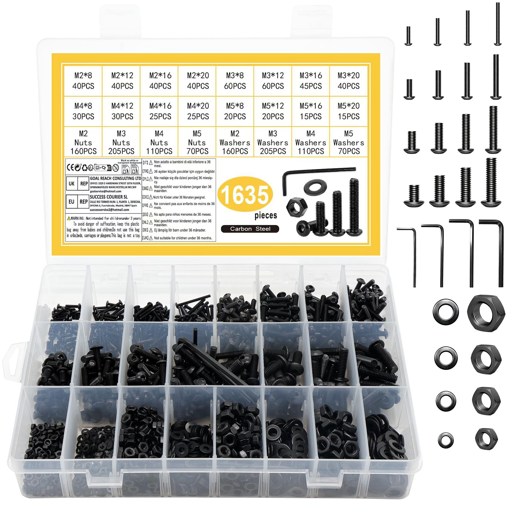 1635 Pcs M2 M3 M4 M5 Bolts and Nuts Set, Assorted Nuts and Bolts Set, Black Round Head Hex Socket Head Cap Screws with Washers, Machine Screws Assortment for Home Bicycle Repair