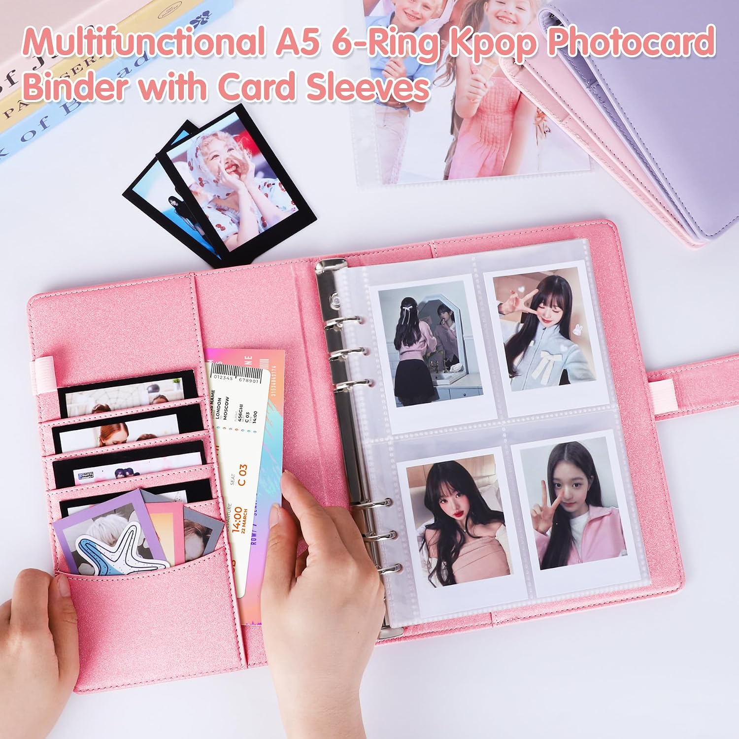 A5 Kpop Photocard Binder 6-Ring Card Collector Album with 40 Pack Card Sleeves, PU Leather Photocard Holder Book with Multi-Size Photo Protectors for Organizing Trading Cards, Glitter Pink