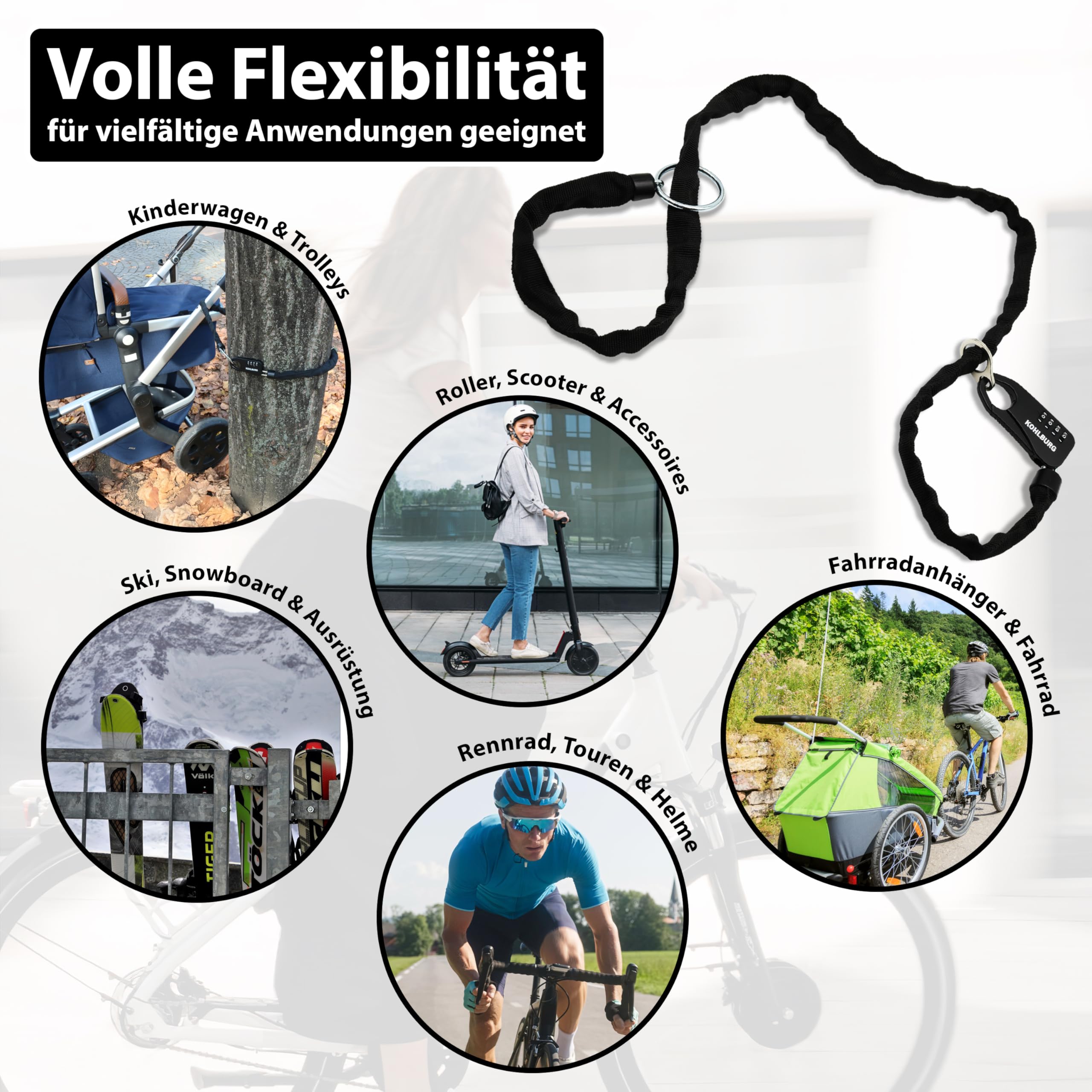 KOHLBURG sicheres + leichtes Taschenschloss mit Zahlencode [129cm lang, 3mm stark] - als Kinderwagenschloss Skischloss Snowboardschloss & Helmschloss Motorrad - Zahlenschloss Fahrrad Kinderwagen