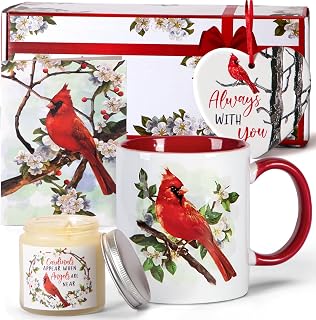 Levfla Cardinal Gifts Christmas Red Bird Present Set Cardinal Mug Soy Candle Card Ceramic Hanging Ornament Memorial Gift Xmas Winter Holiday Always with You Sympathy Gift Basket for Bird Lover