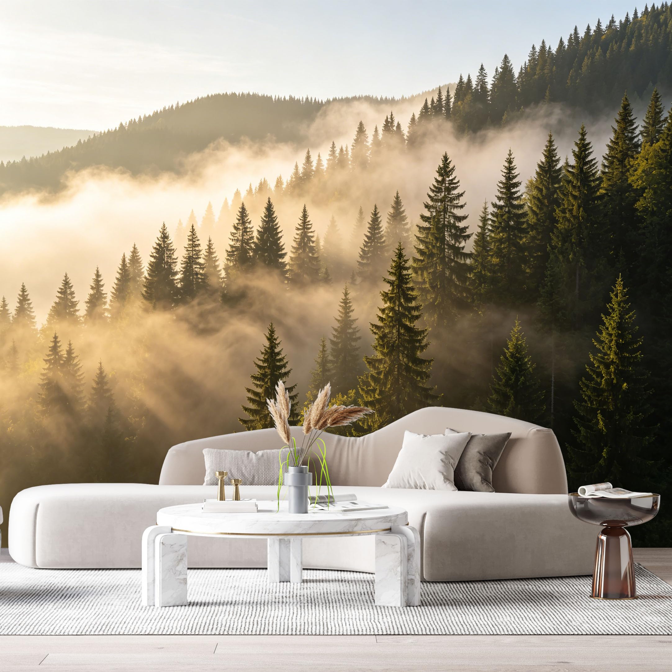Custom Size Wall Murals Misty Forest Landscape Mountain Sunrise SelfAdhesive Wall Fabric Removable Large Wallpaper for Photo Living Room