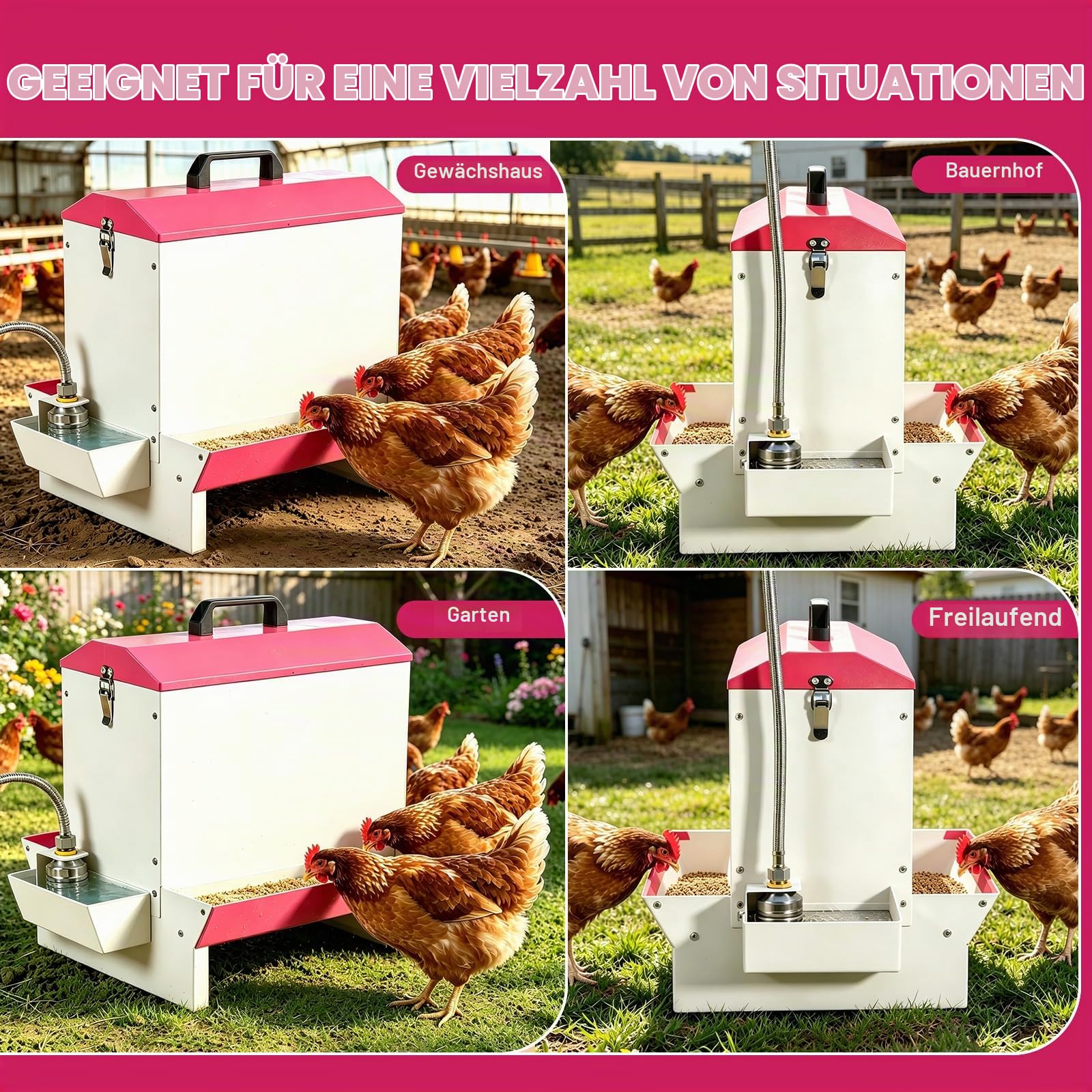 2in1 Geflügel Futter- & Wasserautomat, Metall Schwerkraft-Futterspender mit Tränke, Doppelseitiger Futtertrough für Hühner, Enten, Gänse, Tragbar mit Griff & Schloss