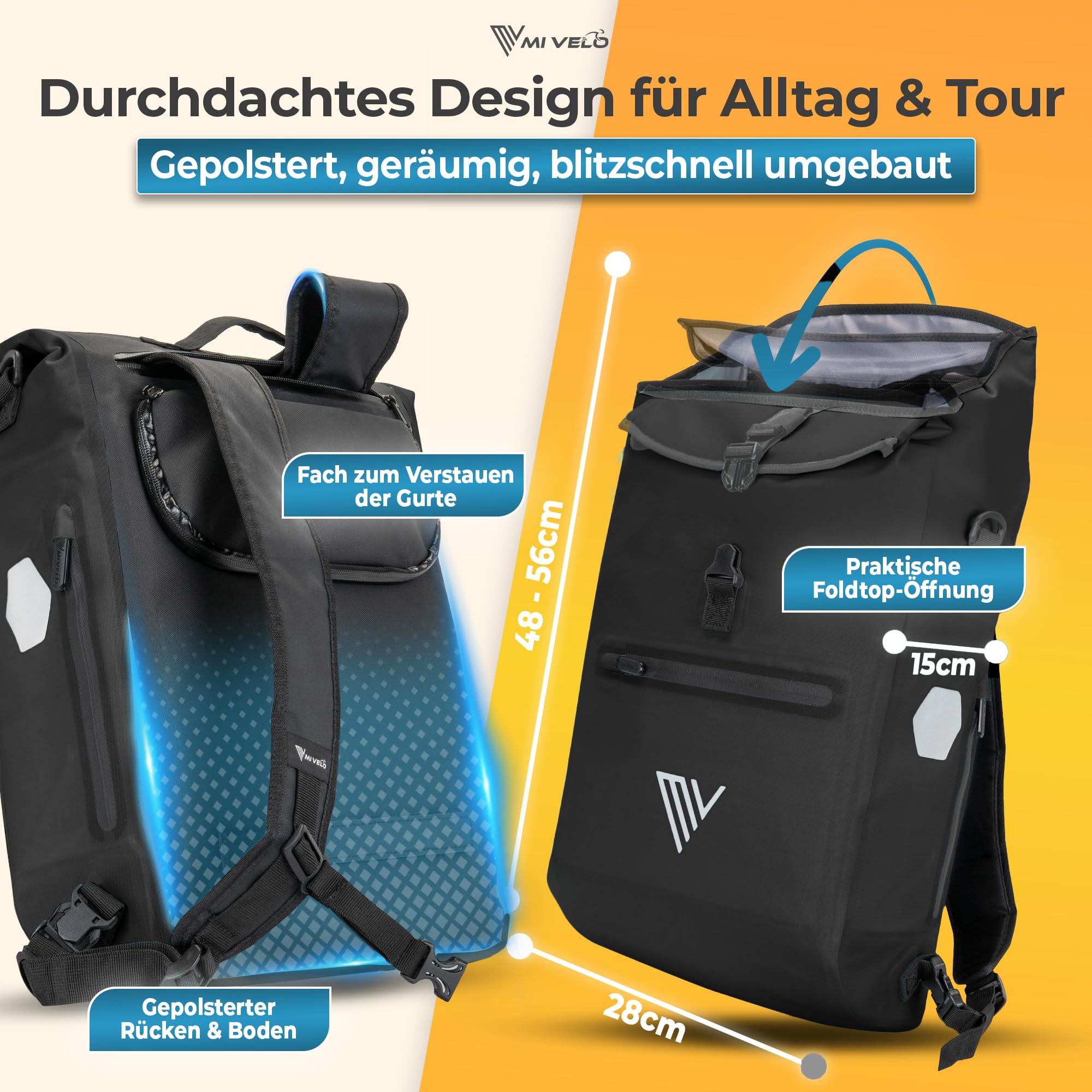 MIVELO 3in1 Fahrradtasche für Gepäckträger - Fahrrad Tasche Rucksack mit gepolstertem Laptopfach - Gepäckträgertasche hinten 100% wasserdicht mit Reflektoren (Schwarz, 20 Liter)