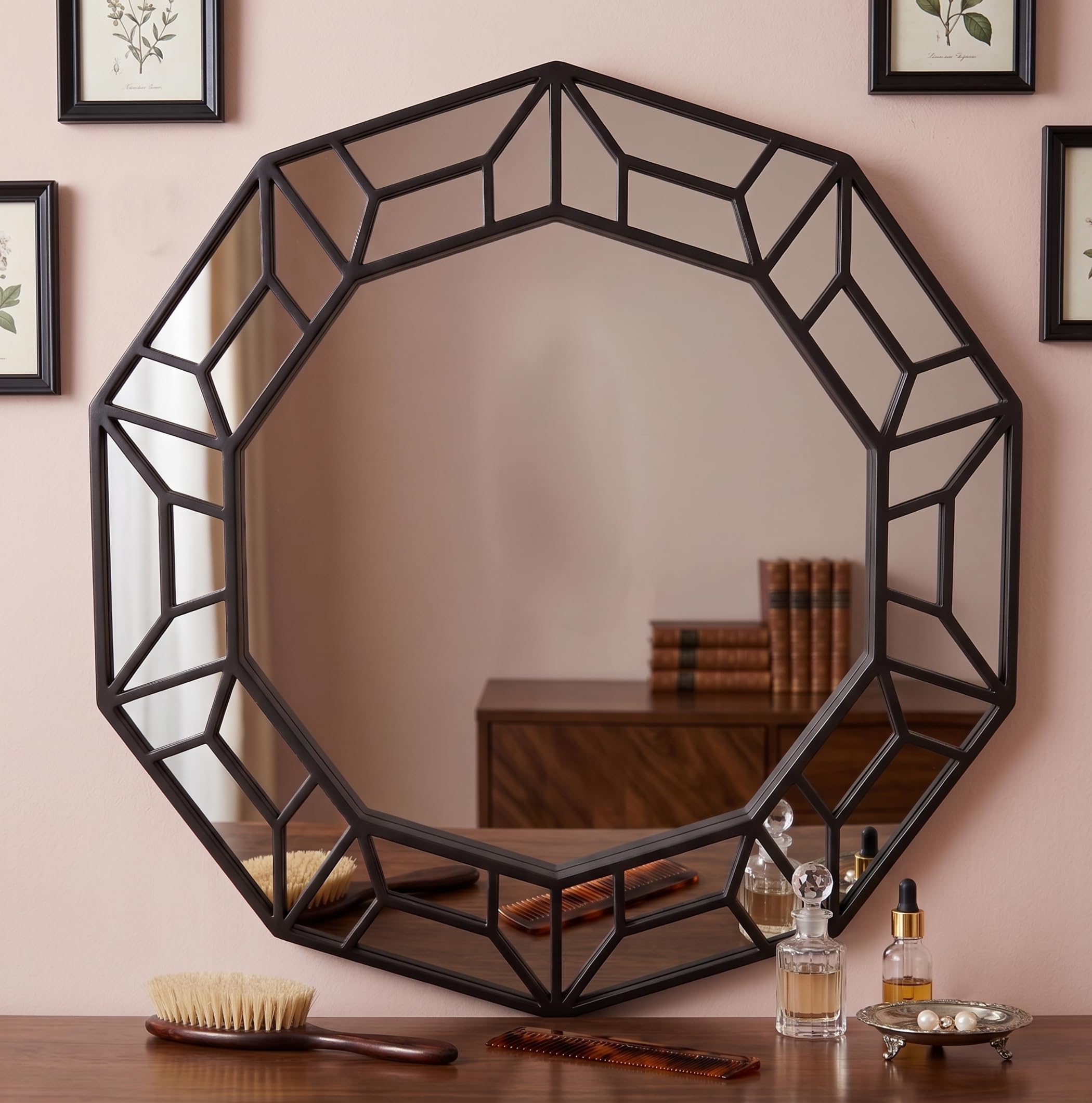 B&Q -  Black Decagonal Shape Wall Hanging Mirror Plastic Geometrical Framed Home Décoration Present Idea 61X57.8X2Cm