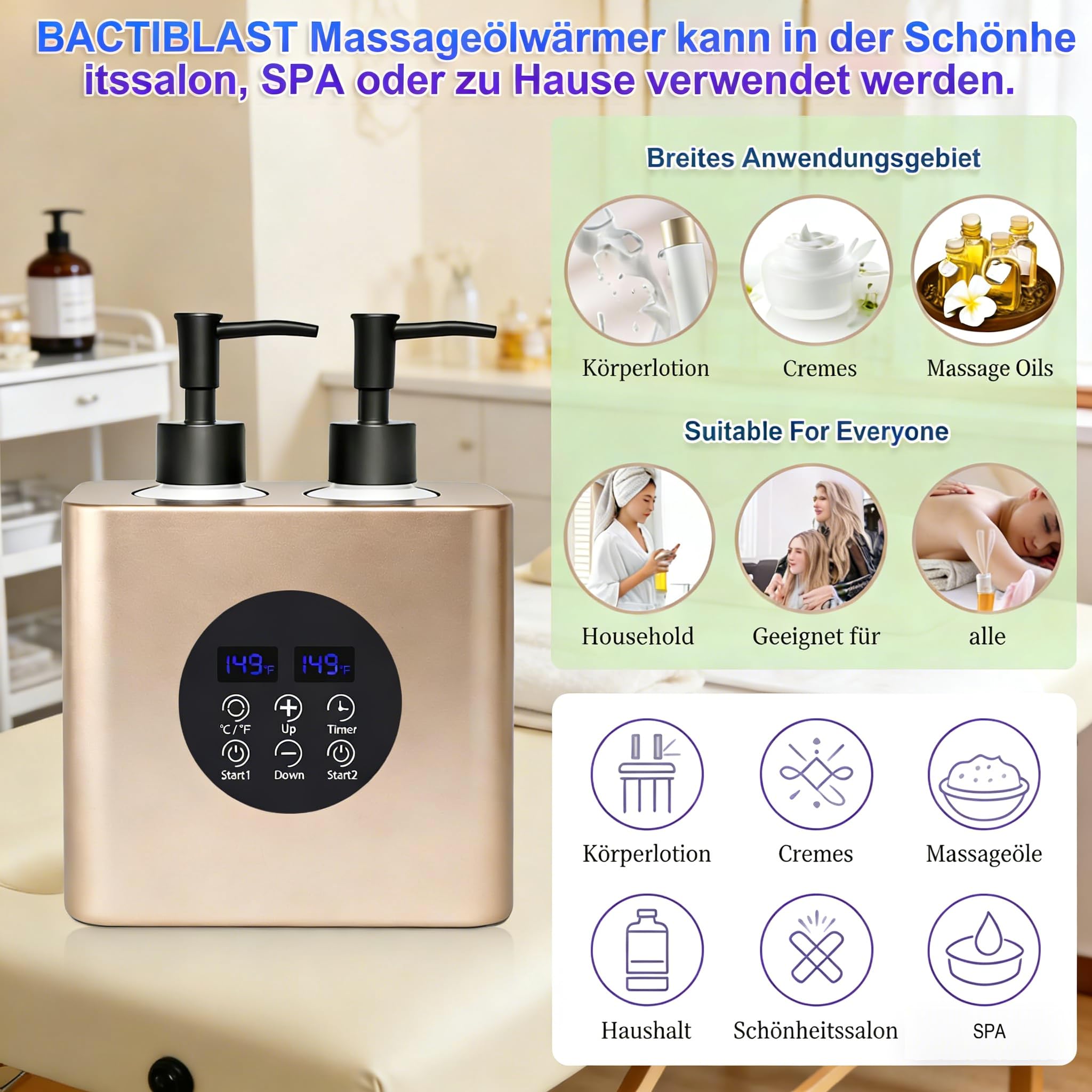 Professioneller Doppelflaschen Massageöl Wärmer mit 4 Flaschen, Einstellbare Temperatur 30–65°C & Timer 0,5–24H für Spa (Champagnergold)