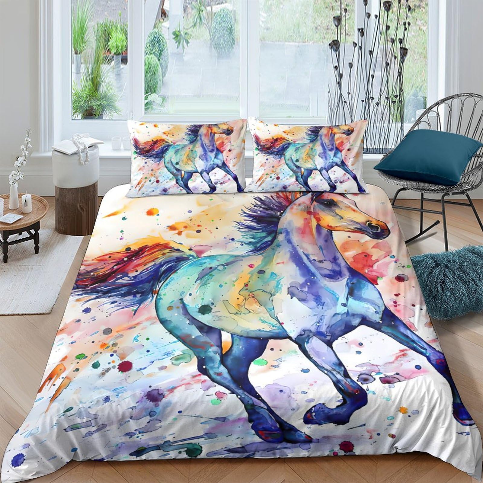 Ctjqhvkz Style-3 3D Printed Watercolor Horse Fitted Sheet Microfiber Soft Anti-Slip Mattress Cover For Bedroom Guest Room Artistic Decor Single（135X200cm）
