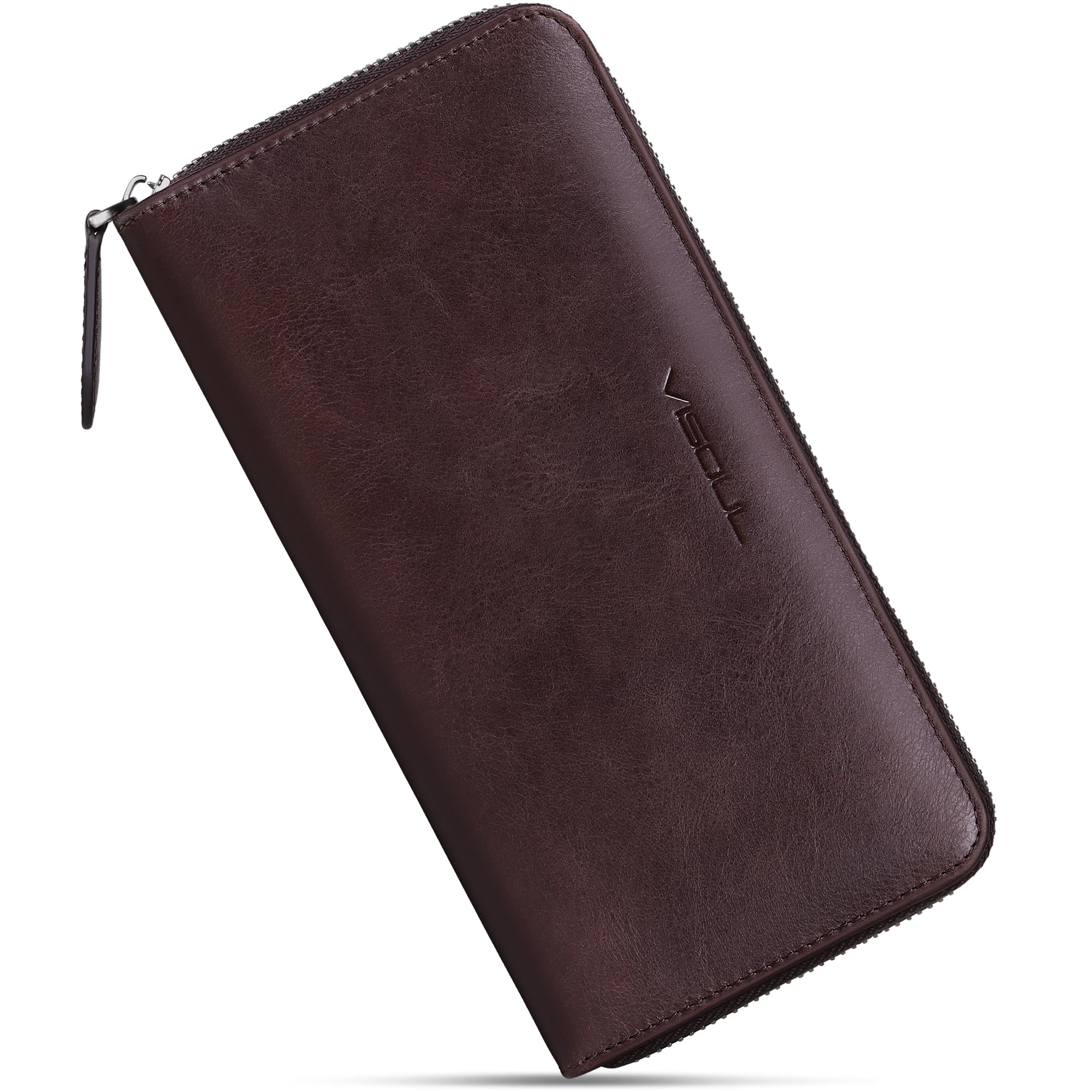 VISOUL Leather Long Zipper Pouch Wallet for Men and Women with RFID Blocking, Large Clutch Cash Long Wallet with Zipper (Coffee)