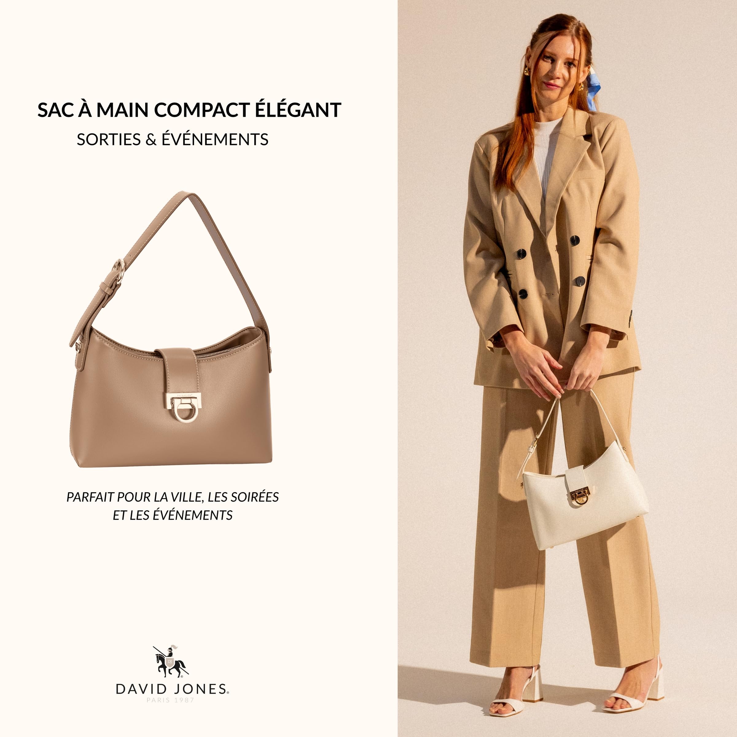 David Jones - Bolso de mano para mujer y ciudad, bandolera de piel sintética lisa, talla mediana, para llevar a mano, para fiestas de fin de semana, elegante y clásico