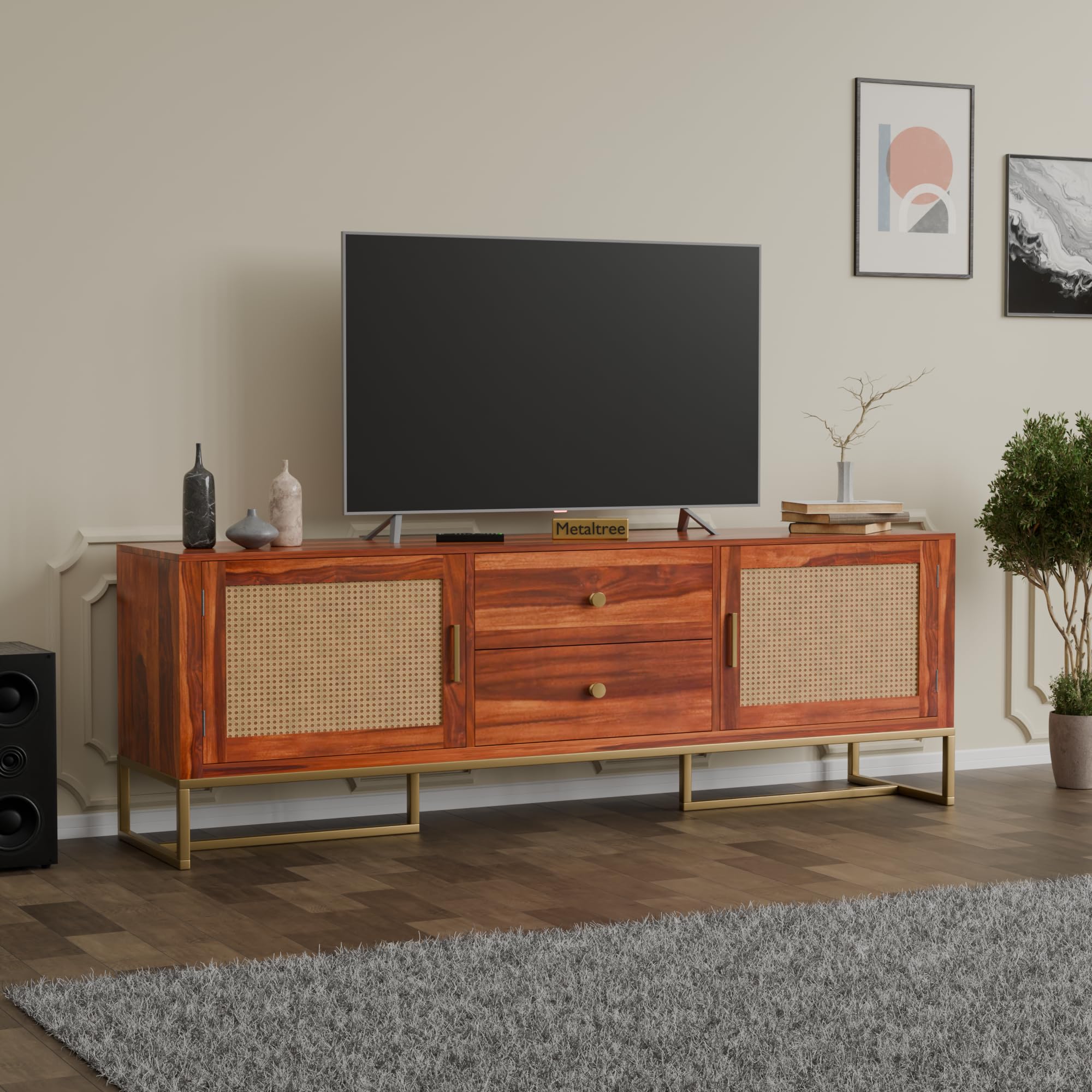 Premium Solid Sheesham Wood TV Unit with 2 Drawers, 4 Shelves, and 2-Can Door Storage - Accommodates up to 65-Inch TV - Ideal for Living Room (Cobalt, Walnut Finish)-image-24