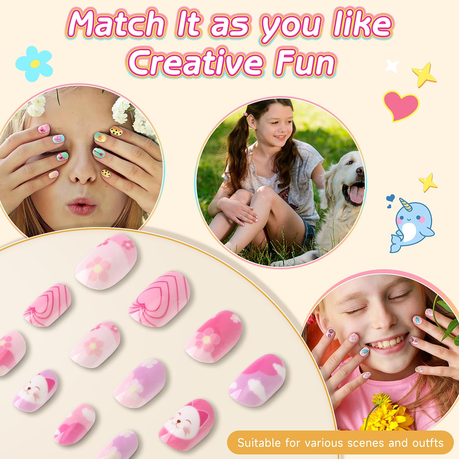 OWill Kids Stick on Nails, 144 Pcs Cute Cartoon Fake Nails for Kids Full Cover Children False Nail Press on Nail Party Gift for Girls - Image 2