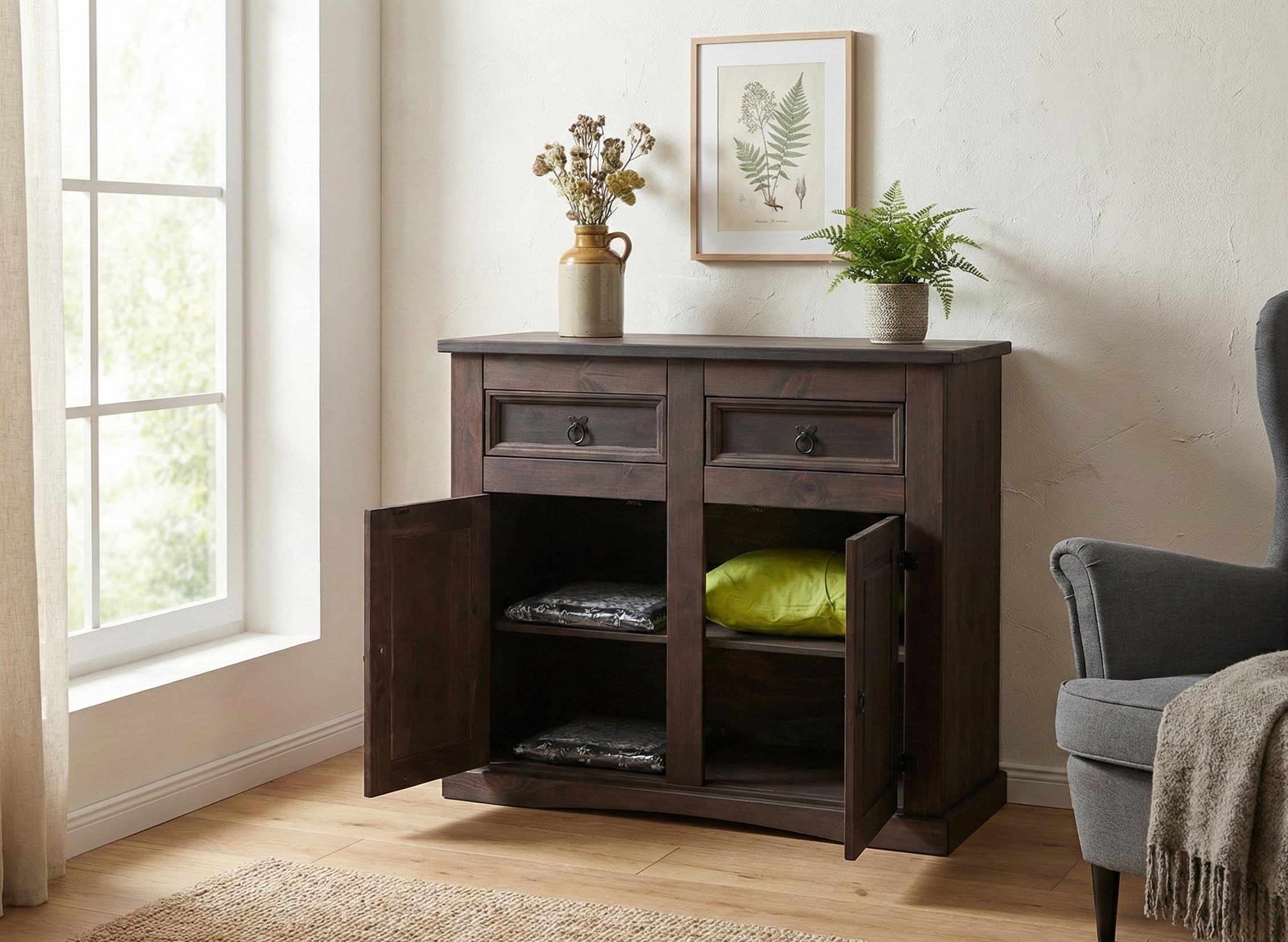 Sideboard Schlafzimmer - New Mexico 2 Türen 2 Schubladen kolonial Dunkelbraun 92x84x44 cm Kiefer massiv Kommode Anrichte Landhausstil Massivholz Stauraum Wohnzimmerschrank Buffet Holzschrank