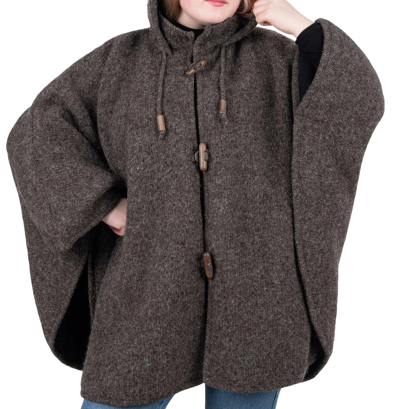 Kunst und Magie Strick Poncho mit Kapuze Umhang Cape Strickjacke Wolle Jacke Winter Mantel Damen