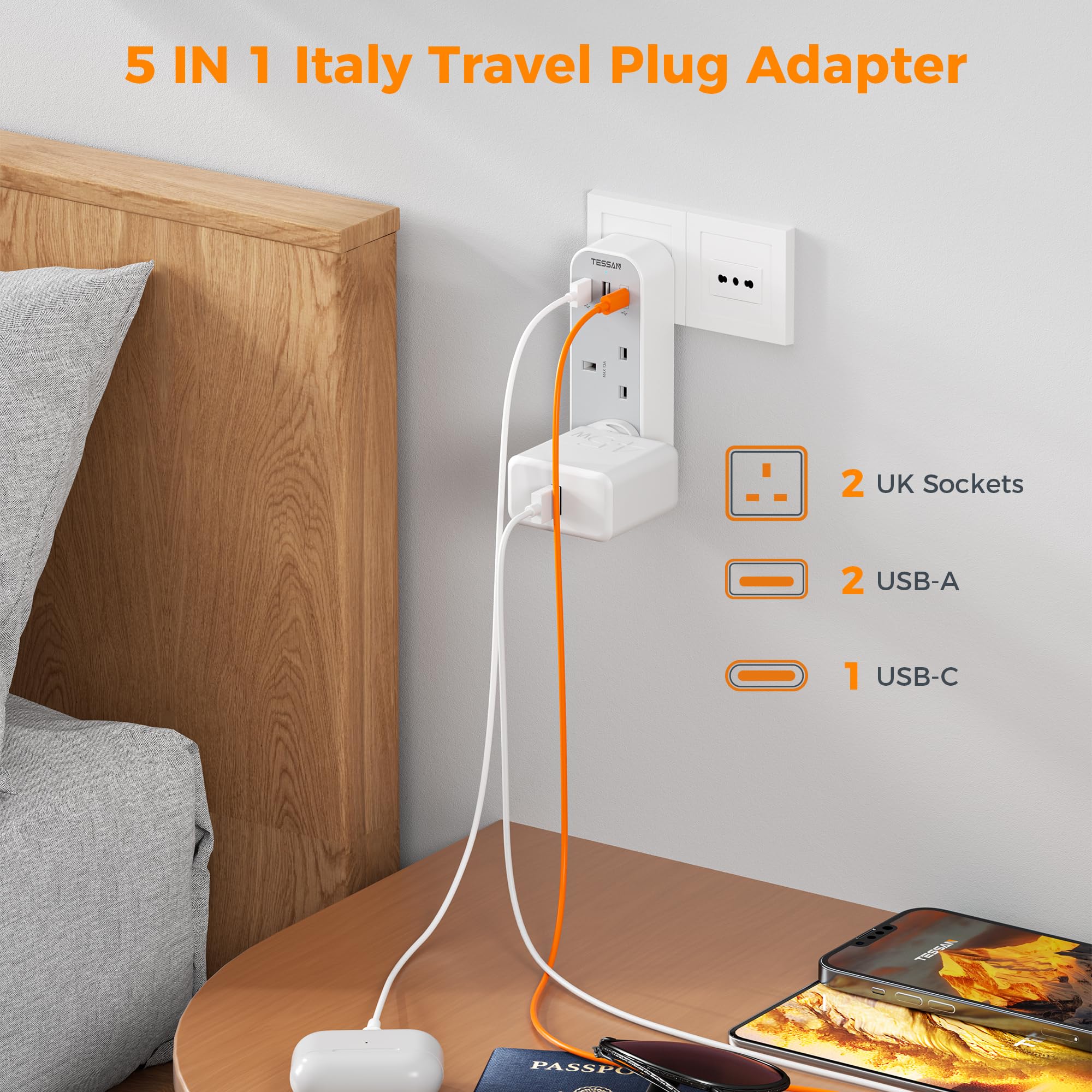 UK to Italy Plug Adapter, TESSAN Italian Travel Adaptor with 3 USB Ports (1 USB C) - Image 3