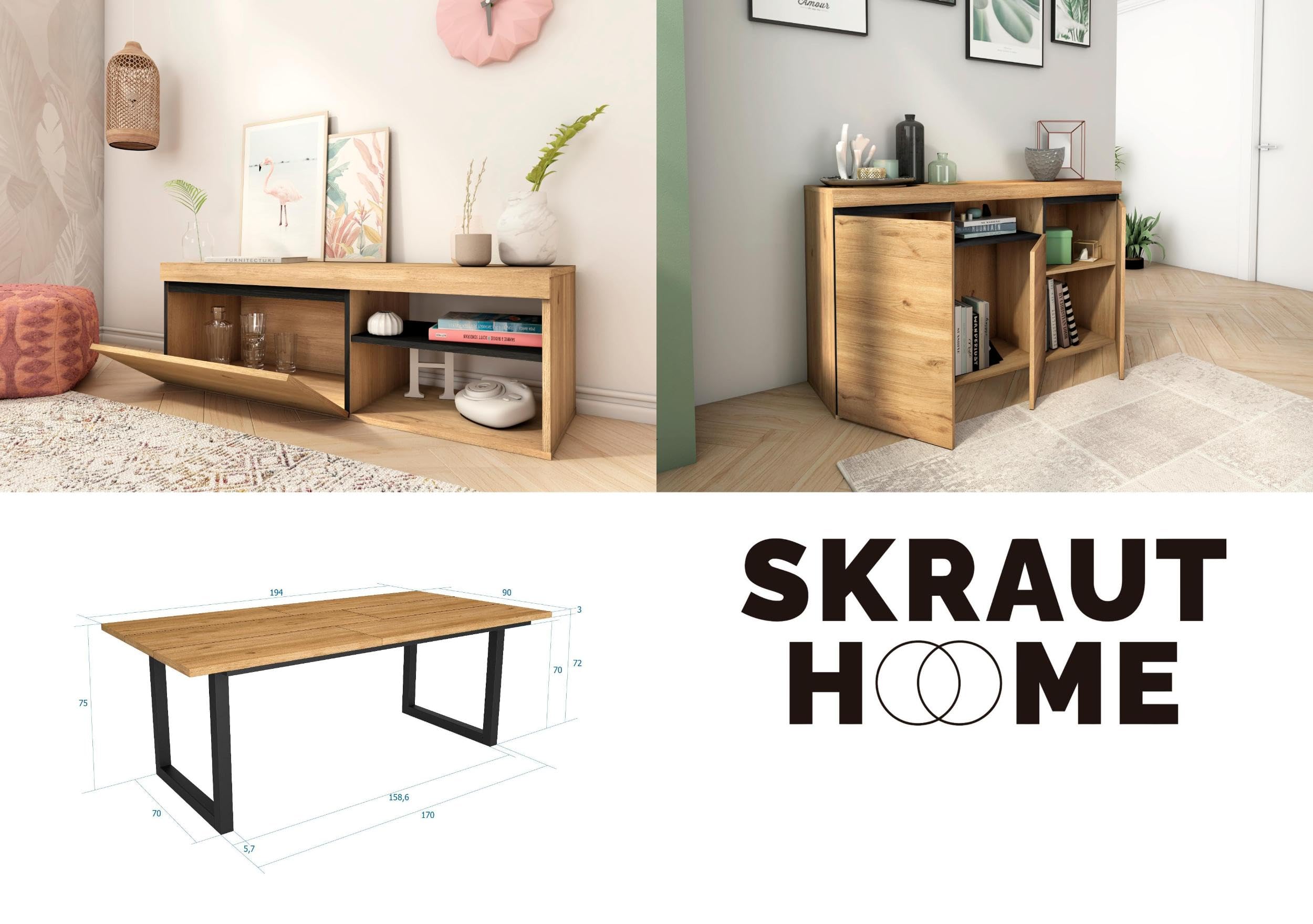 Skraut Home - Set di mobili per il soggiorno | Tavolo 200 piedi U 10 commensali | Mobile TV 120 | Madia/Credenza 140 | Rovere e Nero | Stile industriale