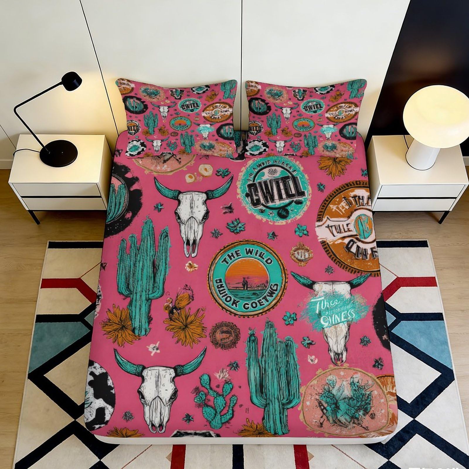3D Printed Western Cowboy Fitted Sheet Microfiber Pink Cactus Skull Bed Cover for Bedroom Guest Room Dorm Decor 90x200x25cm