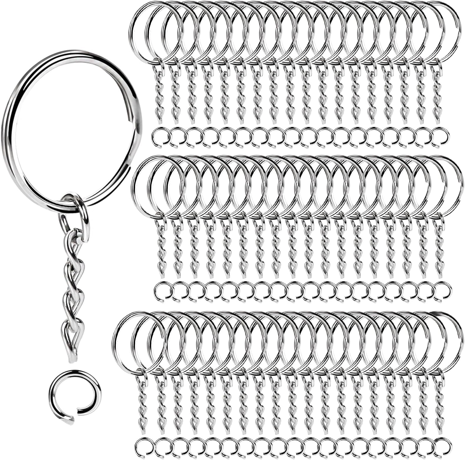 Teenitor Metal Split Keychain Ring Parts - 60 Key Chains 25mm with 26mm chains and 60pcs Open Jump Ring for Craft Key Ring